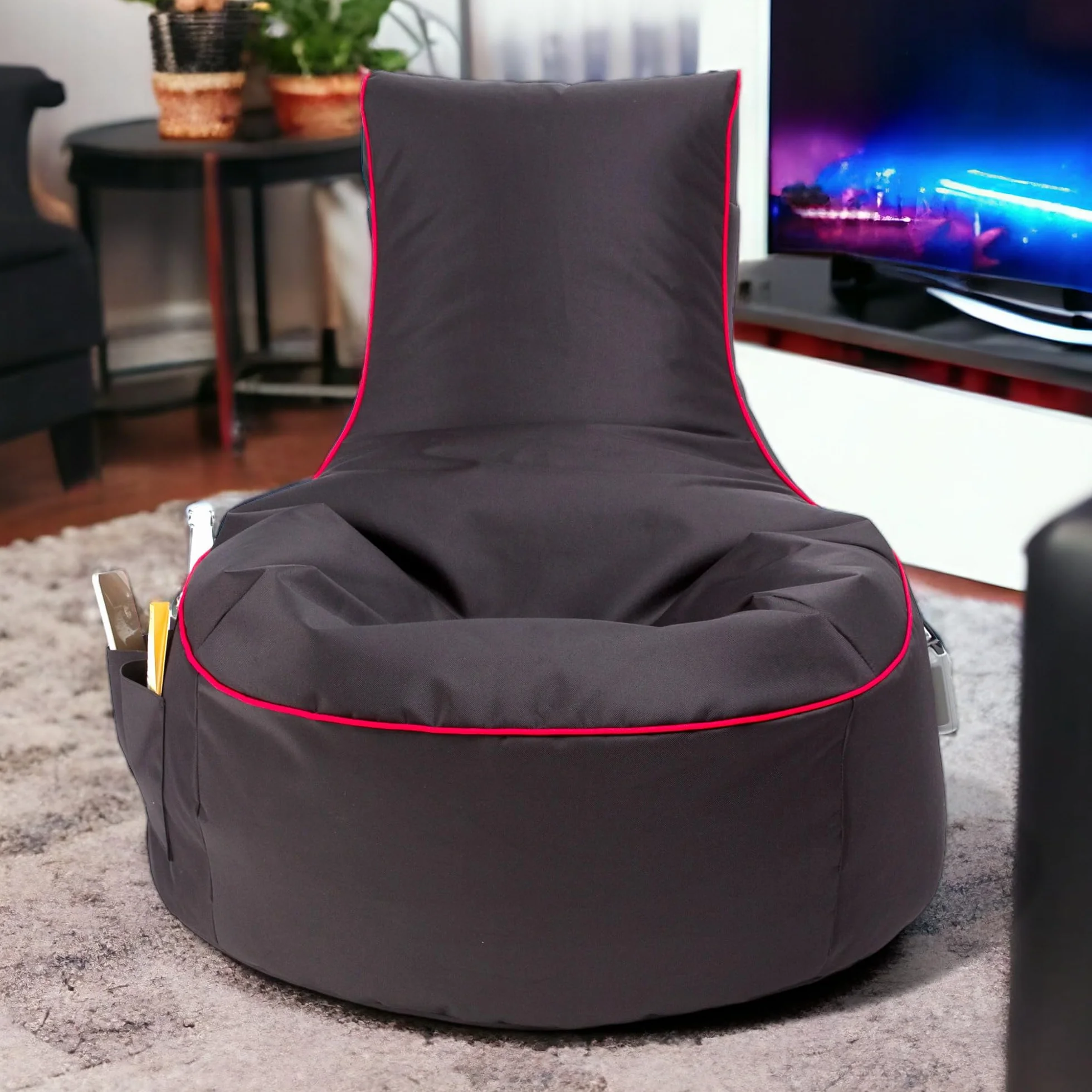 Ecopuf - Pufa Fotel Pablo - Beanbag z kieszeniami do przechowywania i uchwytem na słuchawki - Stylowa Poduszka - Worek do gier - 77x84cm, Czarno-czerwone paski