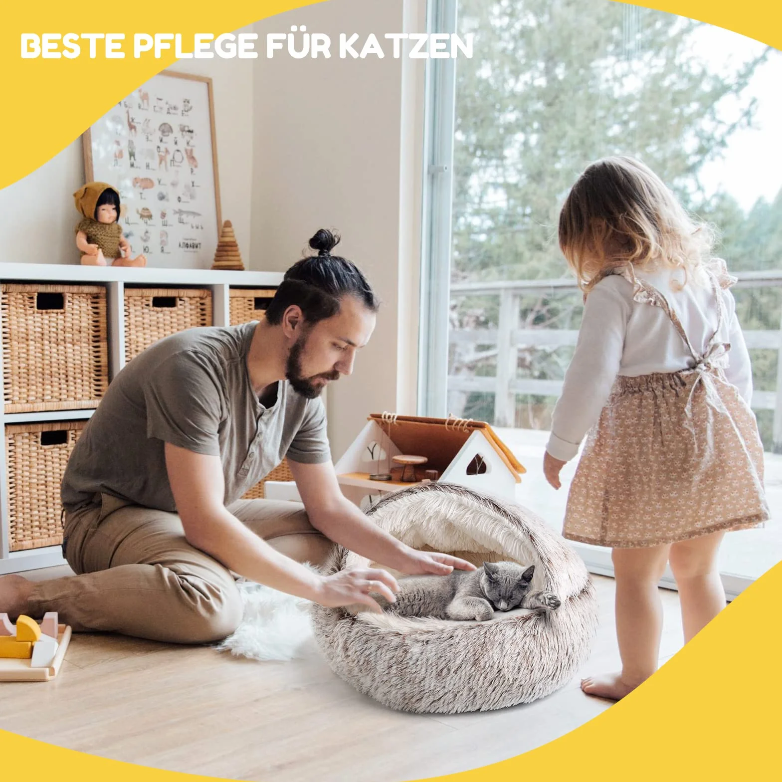 CATISM Puszyste legowisko dla kota 50 cm, duże legowisko dla psa, pranie, miękkie, kawowe