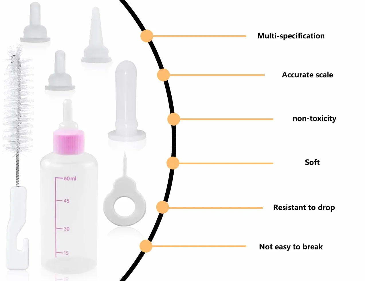 KAPSING Butelka do hodowli domowych 60 ml, dla małych kotów, psów, zestaw dla szczeniaków i kociąt (różowa)