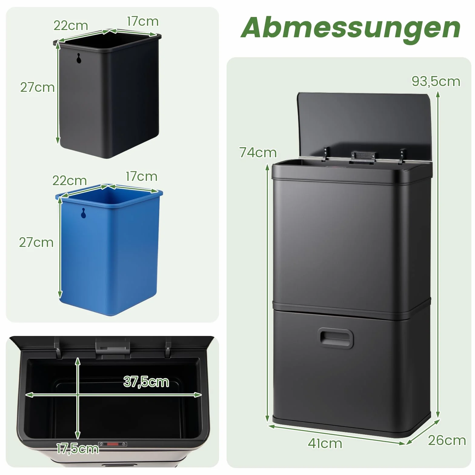 COSTWAY Kosz na śmieci z 3 przegródkami, system segregacji śmieci 56 l, w zestawie 2 wyjmowane pojemniki na odpady, 2 x 10 l + 36 l, elektryczny kosz na śmieci z czujnikiem i pokrywą Softclose, do