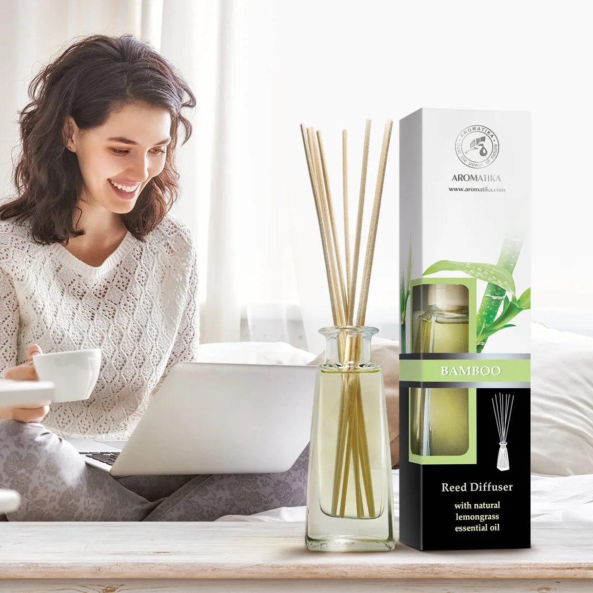 Dyfuzor Zapachowy z Patyczkami Bambus - 100 ml - Dyfuzor Pokojowy z Olejkiem z Trawy Cytrynowej - Zapach do Domu - Dyfuzor Olejków - Aromat Bambusowy - Dyfuzor Zapachowy
