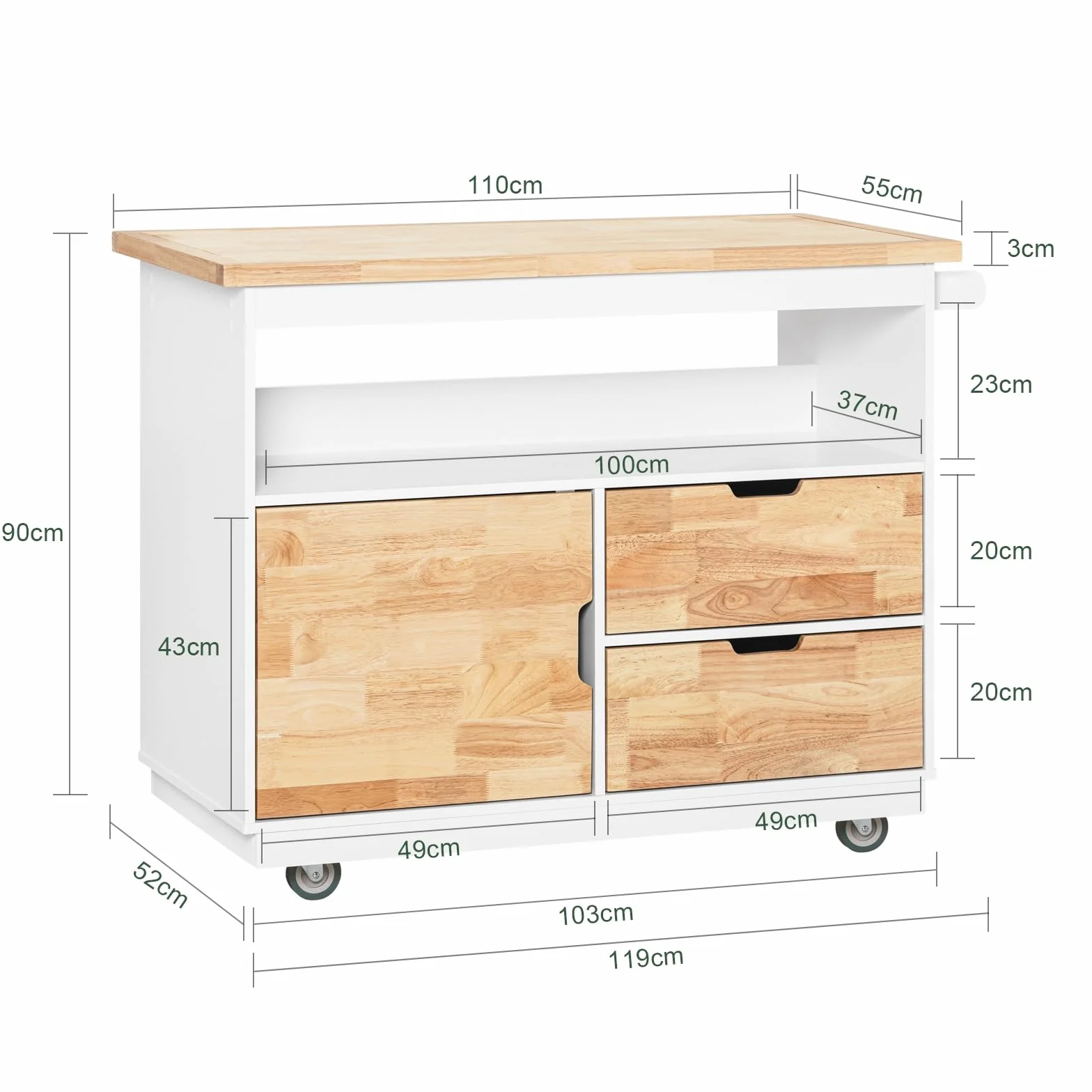 SoBuy FKW107-II-WN Wyspa kuchenna Szafka kuchenna na kółkach Z z 2 szufladami 110 x 91x 55 cm