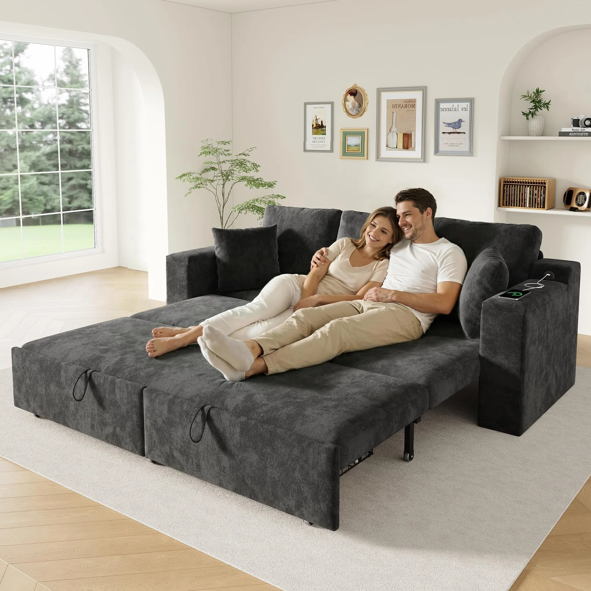 3-osobowa sofa 3 w 1 z funkcją spania, metalowa rama, miejsce do przechowywania, USB i podłokietniki, do salonu i sypialni, wielofunkcyjna, szara
