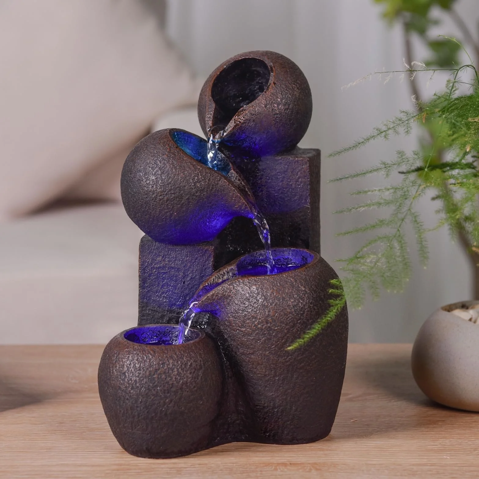 Fontanna wewnętrzna wodospad 4 poziomy słoik efekt kamienia naturalnego kolorowe diody LED, Zen i stylowa dekoracja wnętrz, fontanna stołowa, wyjątkowy pomysł na prezent, wys. 25cm - Luba Zen'Light