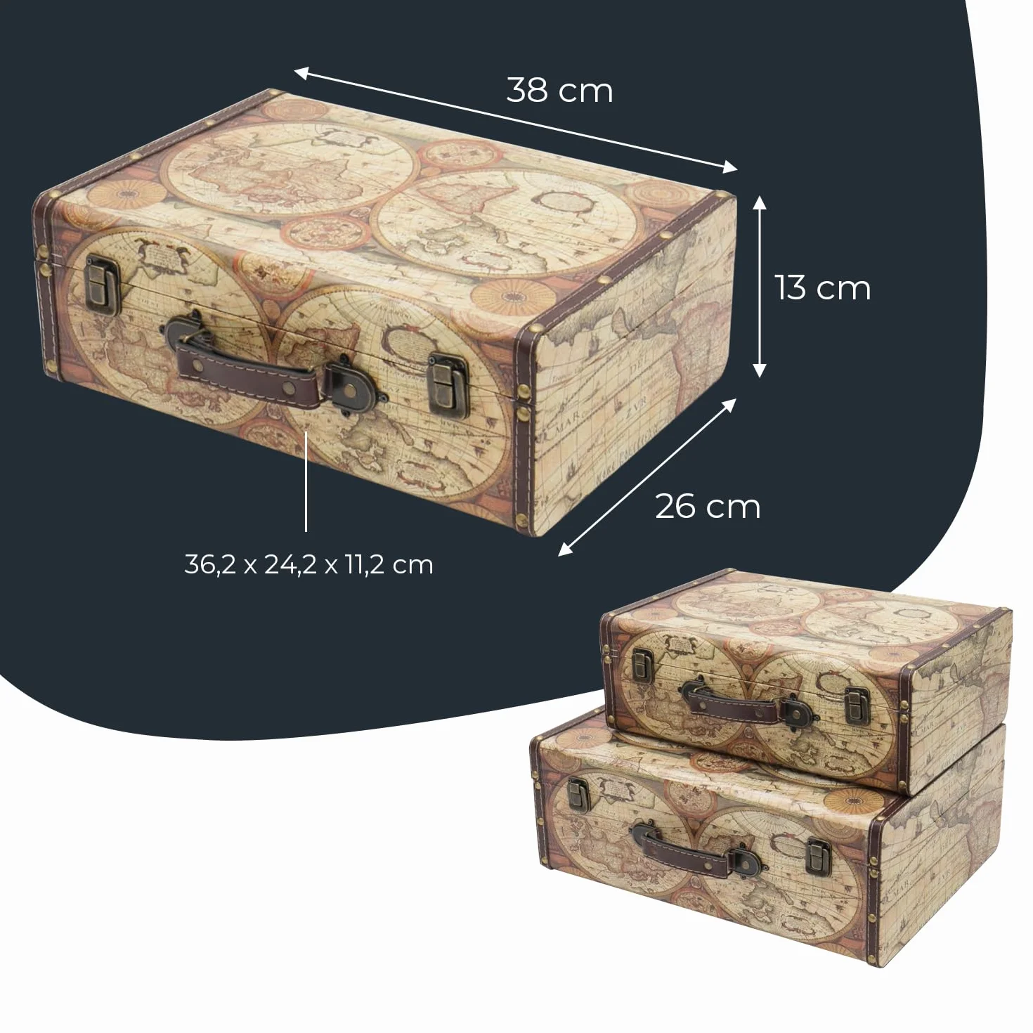 HMF VKO104 drewniana walizka w stylu vintage, 38 x 26 x 13 cm, duża, dekoracyjna mapa świata