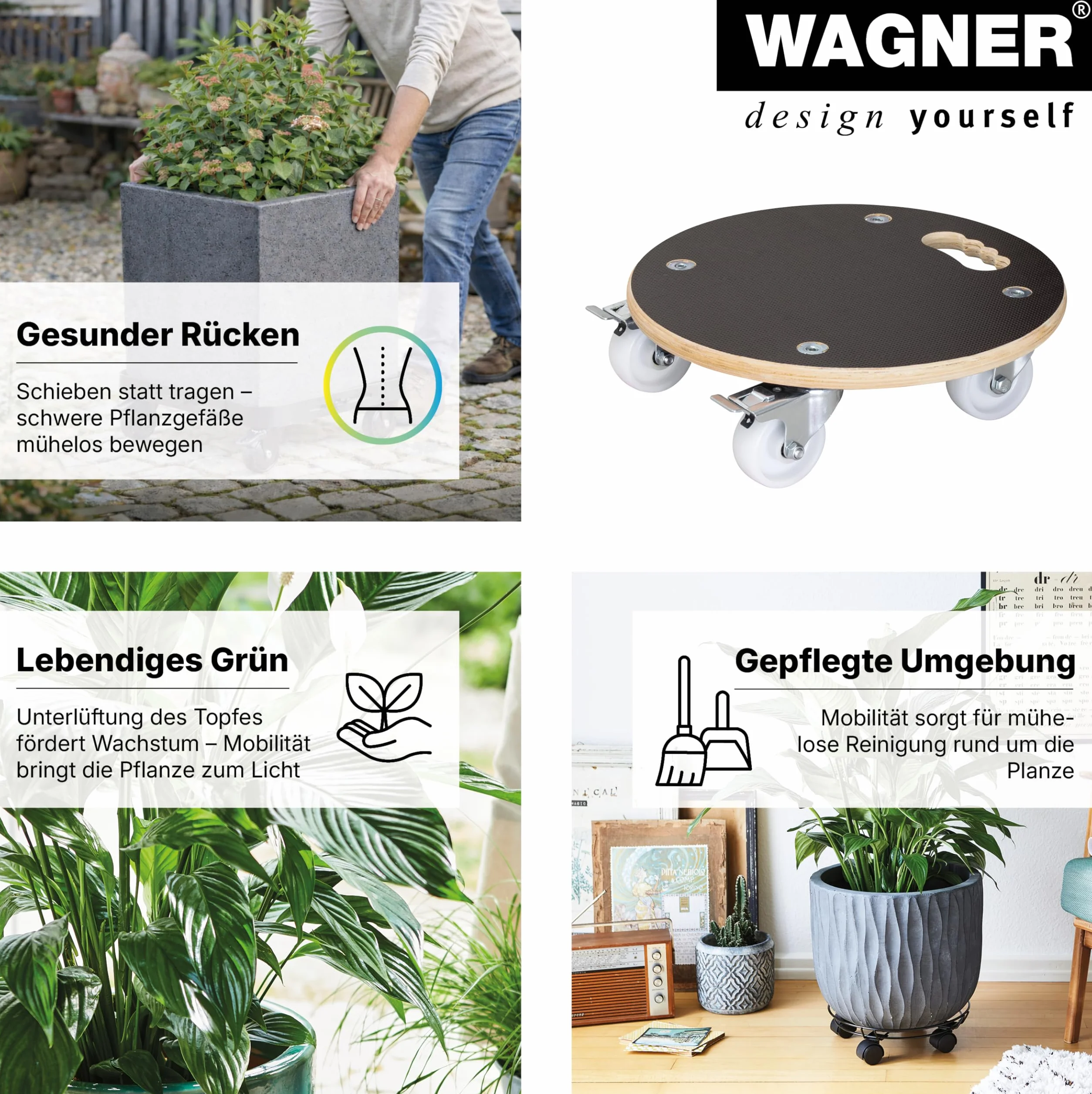 Wagner Wałek do roślin Maxigrip Ø 38 x 11 cm, do użytku na zewnątrz i wewnątrz, wózek transportowy z drewna warstwowego FSC®, 2 całkowite stojaki, nośność 300 kg, wyprodukowano w DE - 20110701