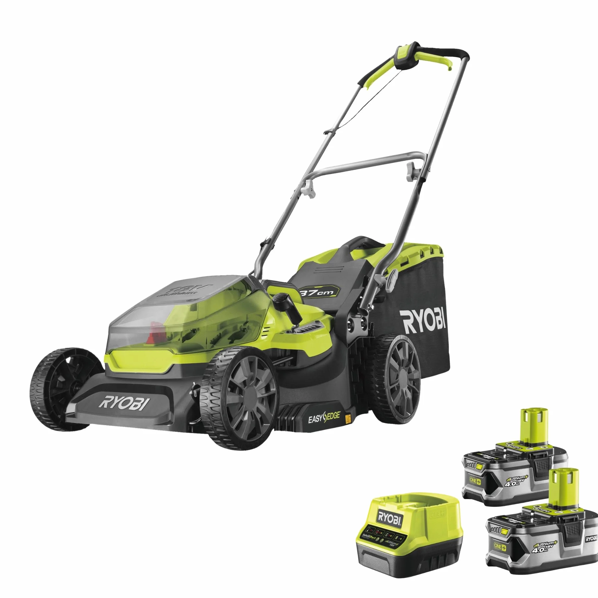 Ryobi Kosiarka 18V RY18LM37A-240, 37 cm Szerokości Koszenia, 6 Pozycyjna Regulacja Wysokości Koszenia, Kosz 45 L, Easyedge, 2x Akumulator 4 Ah, Ładowarka 2.0A