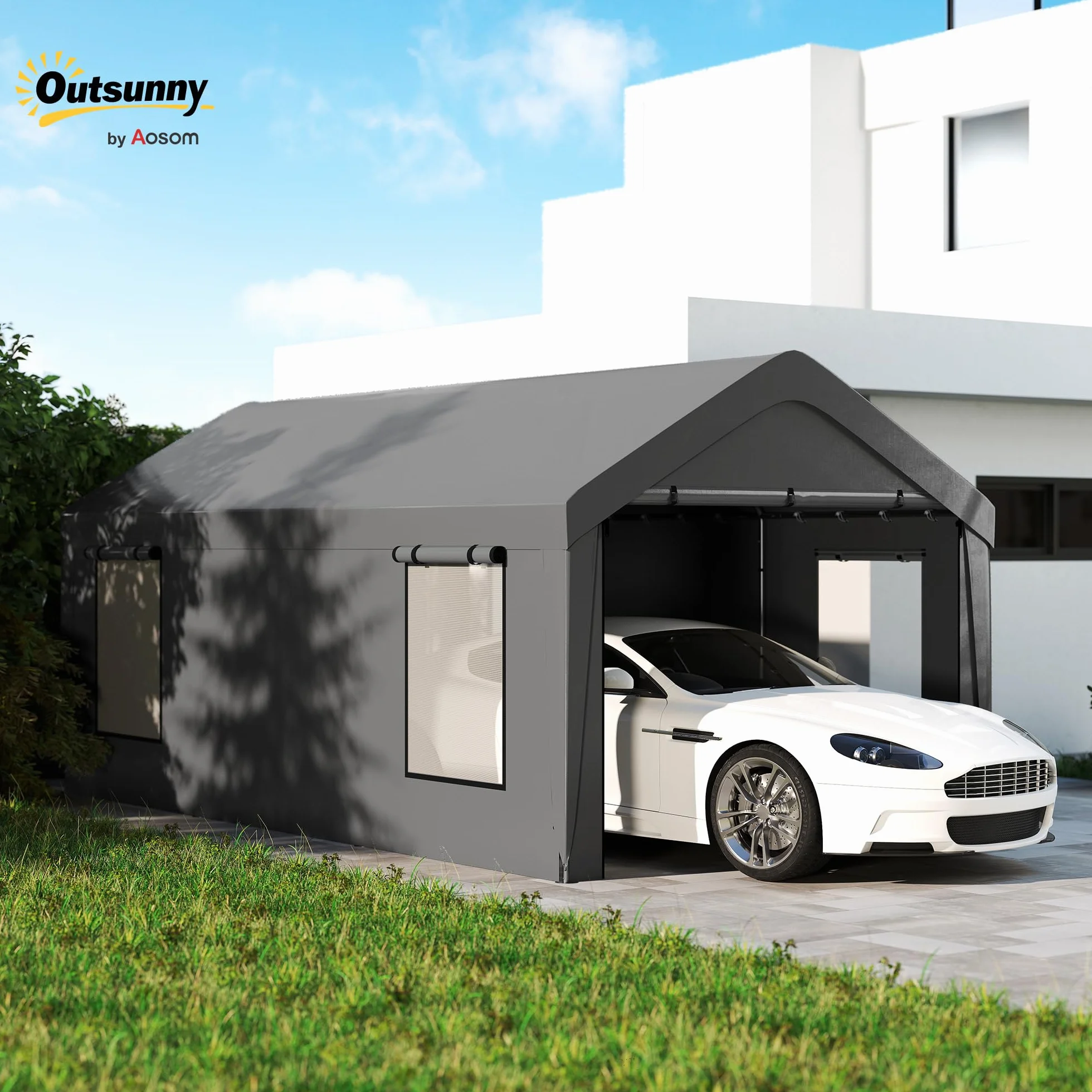 Outsunny Namiot garażowy 3 x 6 m, z wyjmowanymi ścianami bocznymi, 2 zwijanymi drzwiami i 4 oknami, wiatą samochodową, ciężarówką, łodzią, ciemnoszary