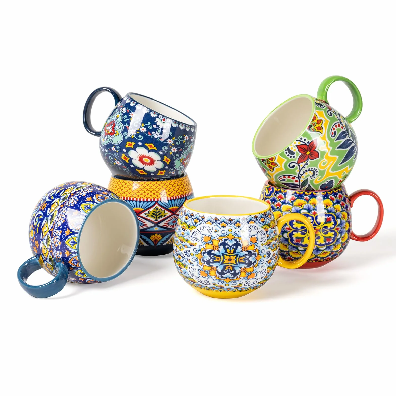 HENXFEN LEAD Zestaw filiżanek do cappuccino, 600 ml, porcelanowe filiżanki do kawy z uchwytem, 6 porcelanowych filiżanek do herbaty, kawy, mleka, cappuccino, z wzorem, kolorowe, styl boho