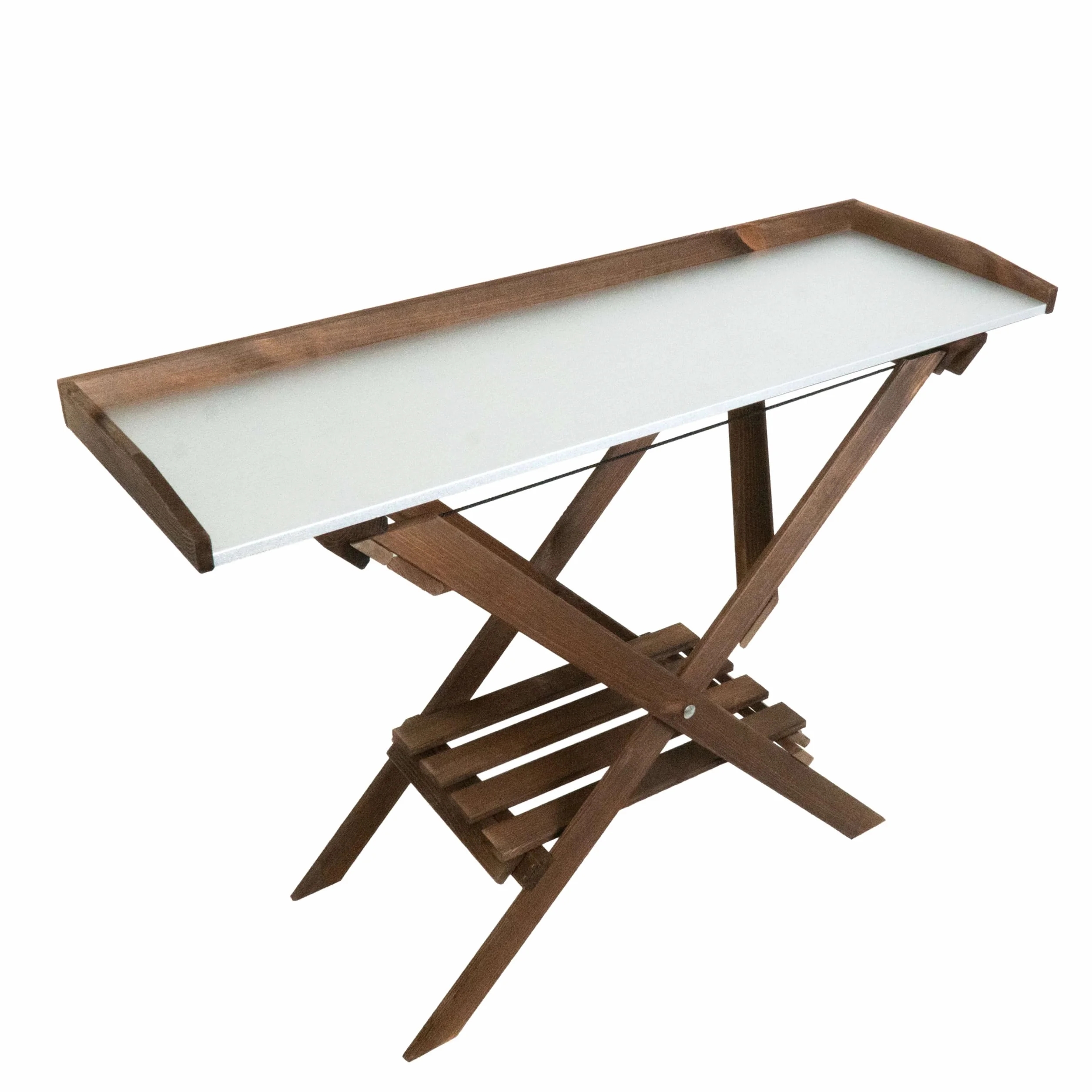 Stół do roślin 118 x 84 x 38 cm, składany, impregnowany stół na kwiaty, stół ogrodniczy z regałem, drewniany stół do roślin z ocynkowanym blatem roboczym, odporny na warunki atmosferyczne
