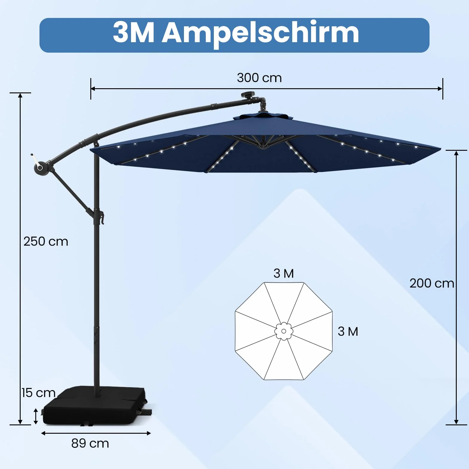 COSTWAY Parasol przeciwsłoneczny ze stojakiem i diodami LED, Ø 300 cm, z korbą, parasol ogrodowy, ochrona przed promieniowaniem UV, parasol na taras, do ogrodu, na basen, taras (niebieski)