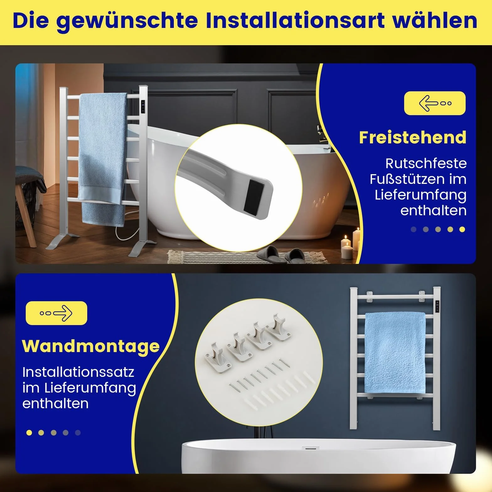 COSTWAY Podgrzewacz na ręczniki 100 W, wieszak na ręczniki, grzejnik aluminiowy, 10 min do 60°C, timer 8 h i ochrona przed przegrzaniem, z wyświetlaczem LED (54 cm x 35 cm x 91 cm)