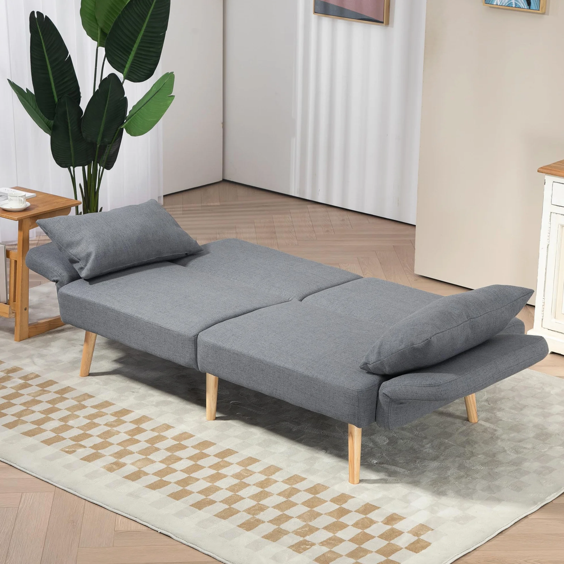 HOMCOM Sofa do spania, 2-osobowe łóżko składane z funkcją łóżka, 2 poduszki do rzucania, 3-osobowa sofa tapicerowana z regulowanym oparciem, wygląd lnu, do salonu, sypialni, 170 x 83 x 80 cm, szara