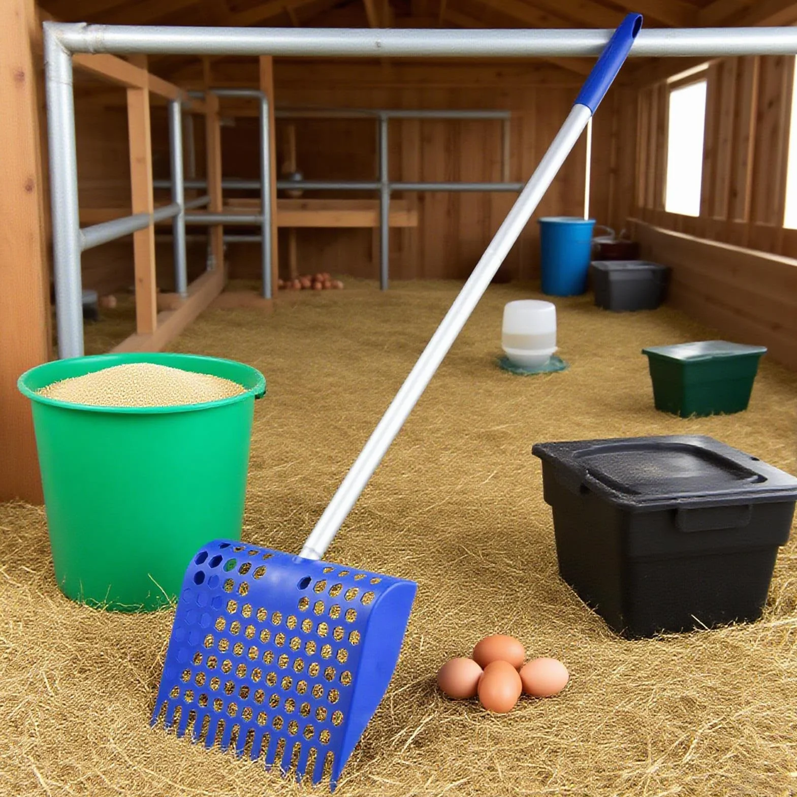 Poultry Sand Scoop, Chicken Coop Cleaning Shovel for Droppings and Bedding, Aluminum Mesh Tool with Ergonomic Detachable Handle, Lightweight Barn, Accessory for Ducks Rabbits Goats and Small Pets