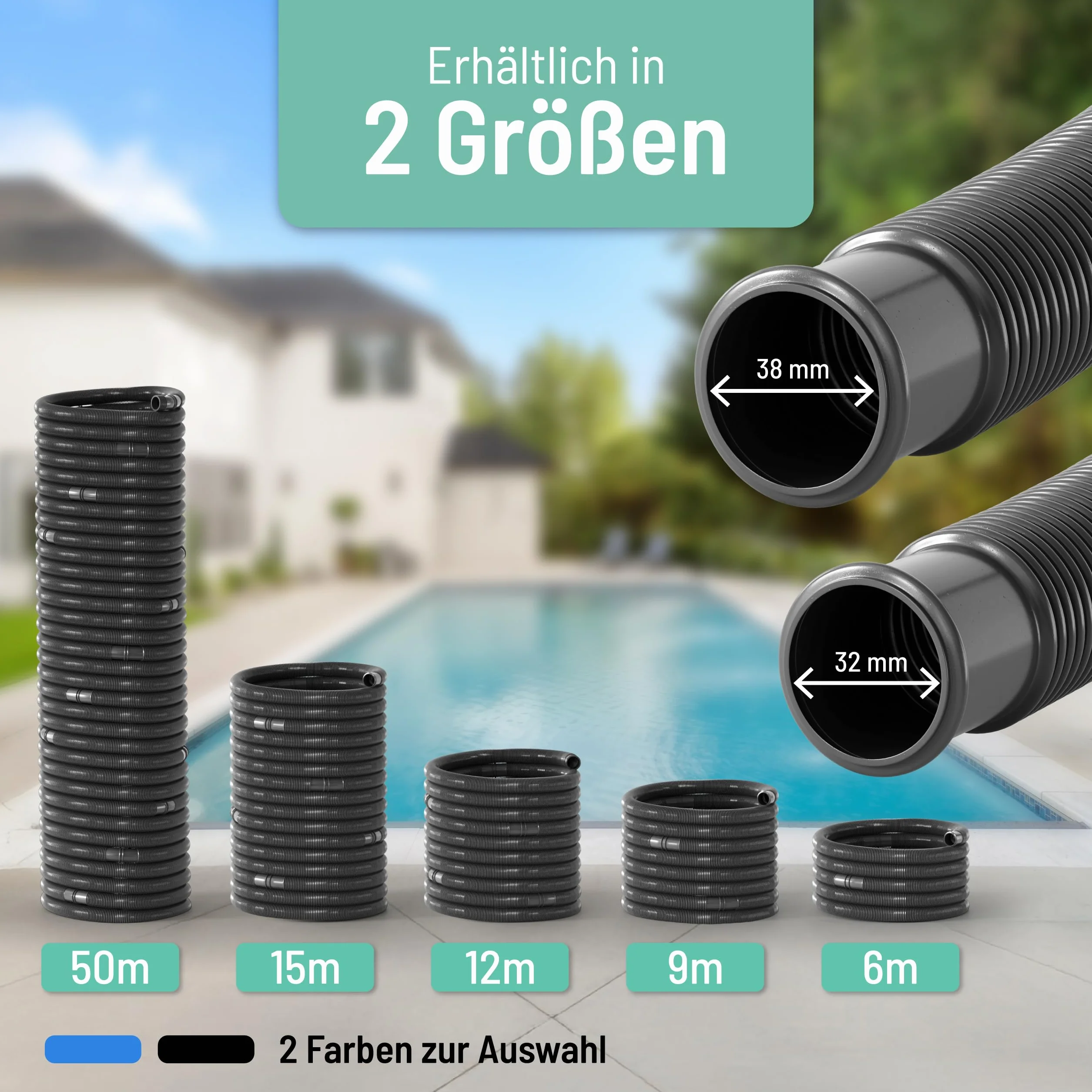 poolomio Wąż basenowy 38 mm / 6 m czarny | elastyczny wąż solarny do pompy basenowej, ogrzewania basenu i maty solarnej | stabilny wąż pompy 1 1/2", odporny na promieniowanie UV, wąż ssący