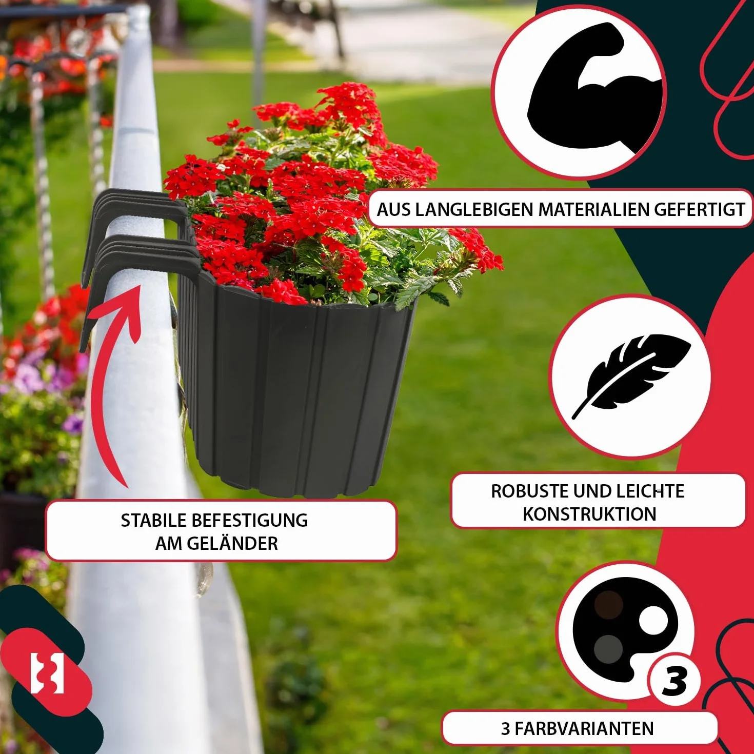 KOTARBAU® Doniczka Balkonowa na Balustradę - 40 x 15 x 15 cm - Skrzynka Plastikowa na Balkon - Owalna - Rustykalna - Szara - Zestaw 2 SZT