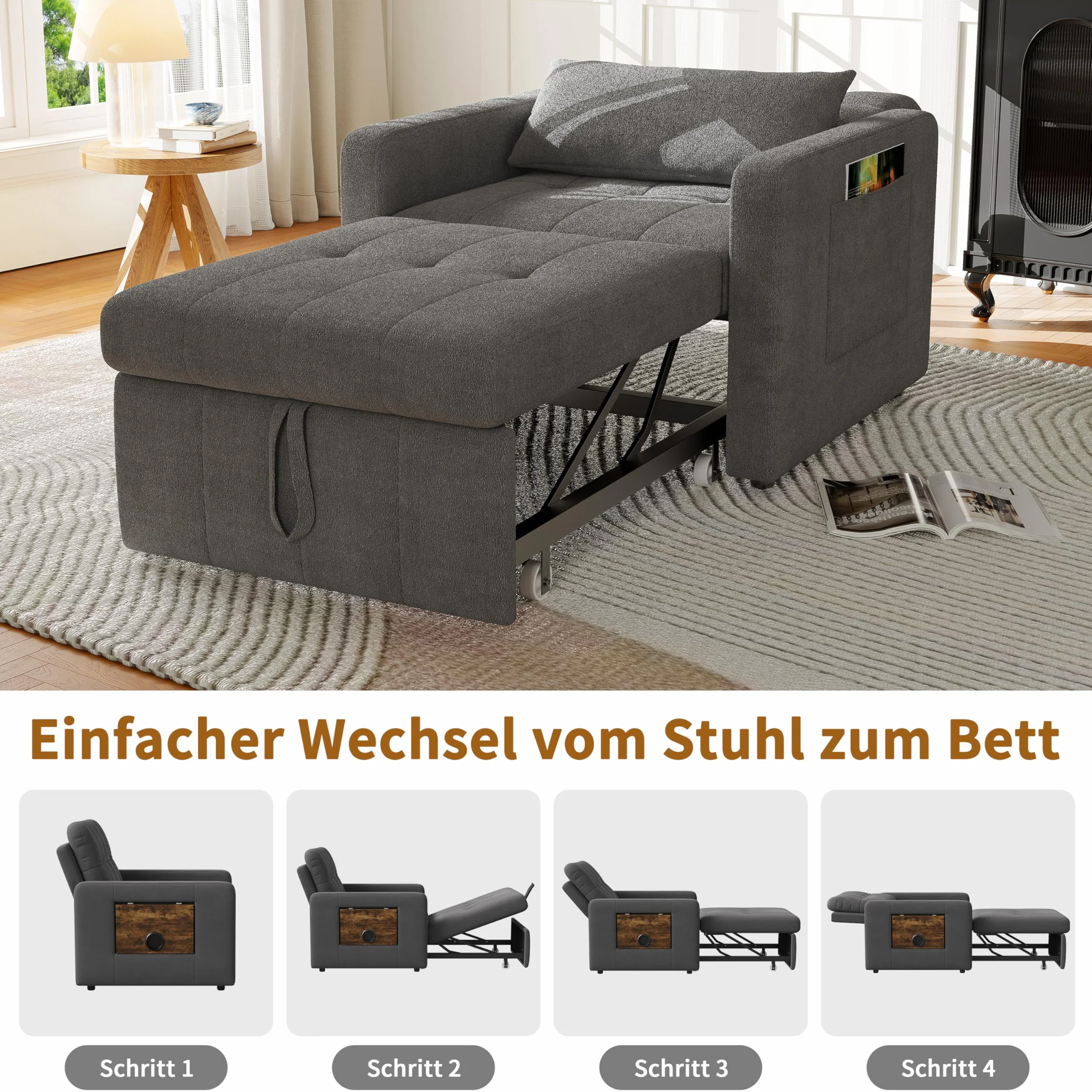 Mała sofa z funkcją spania 3 w 1, rozkładane łóżko 190 cm z kieszenią boczną, fotel do spania, fotel relaksacyjny, rozkładana sofa, taboret do spania z funkcją łóżka do 200 kg, szary materiał
