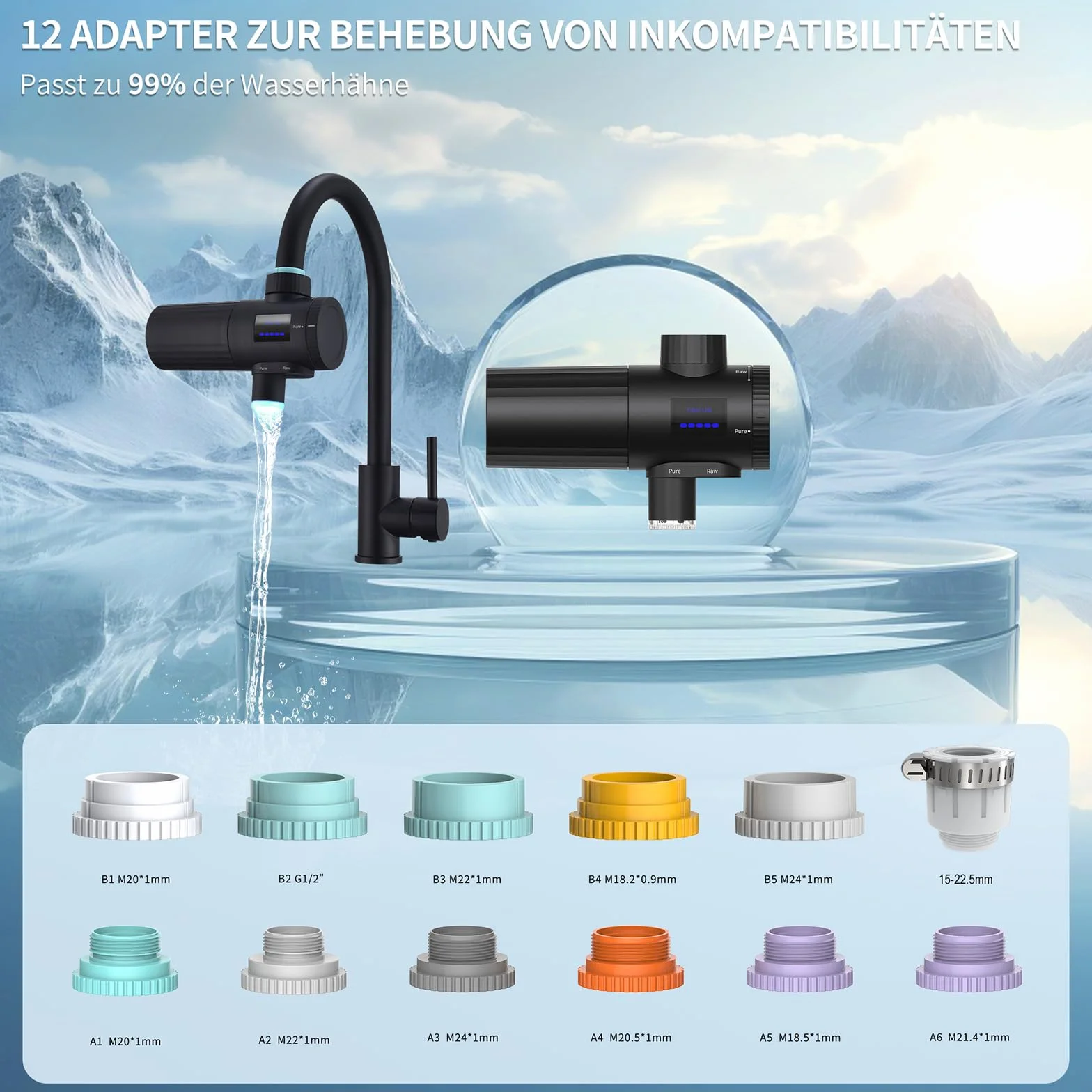 HOMELODY Filtr do wody pitnej do kuchni, usuwa chlor, metale ciężkie i kamień, poprawia smak, 12 x adapter, niebieskie światło i 1 filtr w zestawie, filtr wody kran 3.0 z wyświetlaczem LED