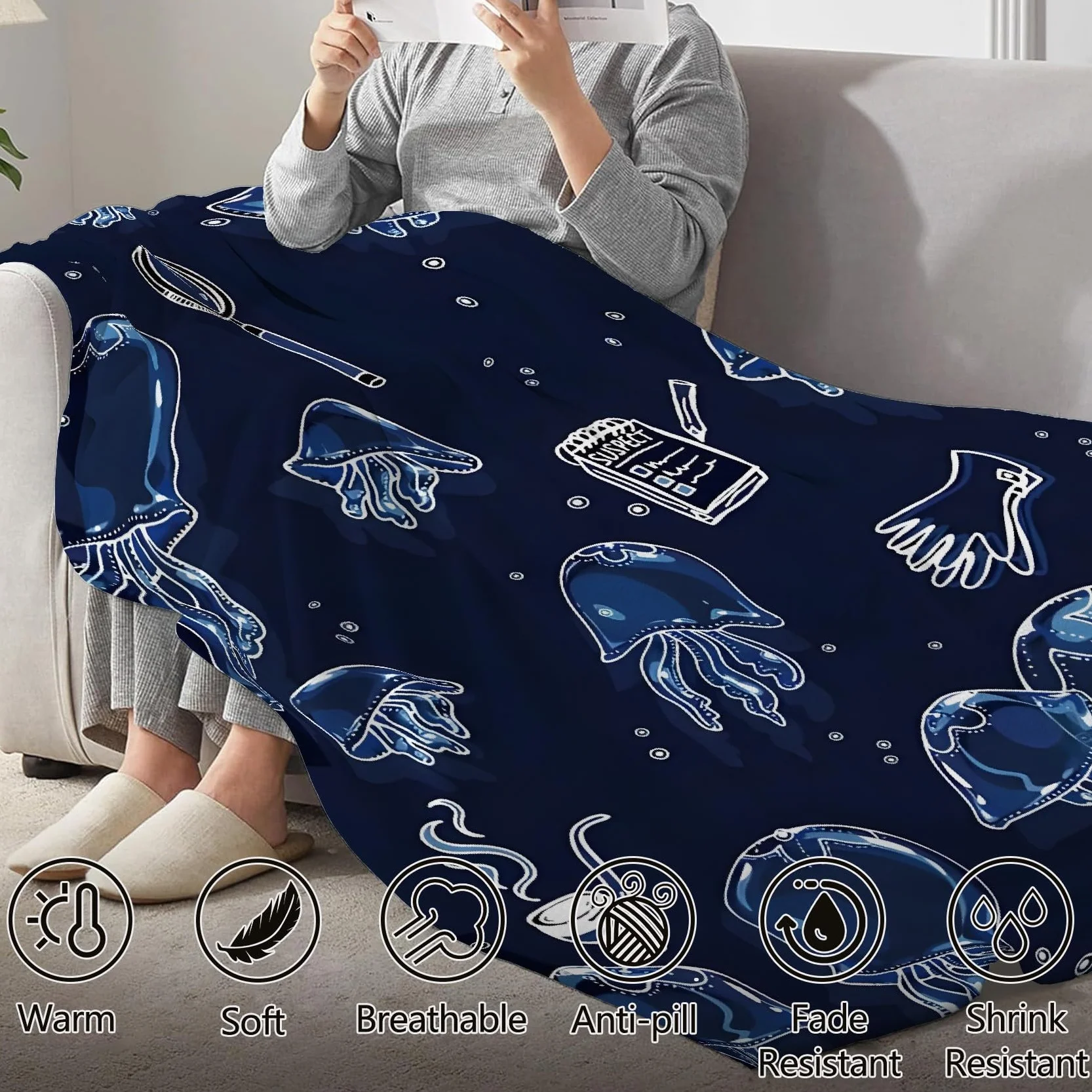 Qualle Przytulny koc, w stylu detektywistycznym, koc polarowy z mikrofibry, przytulny, nadaje się do salonu i sypialni, dekoracja domu, 220 x 240 cm
