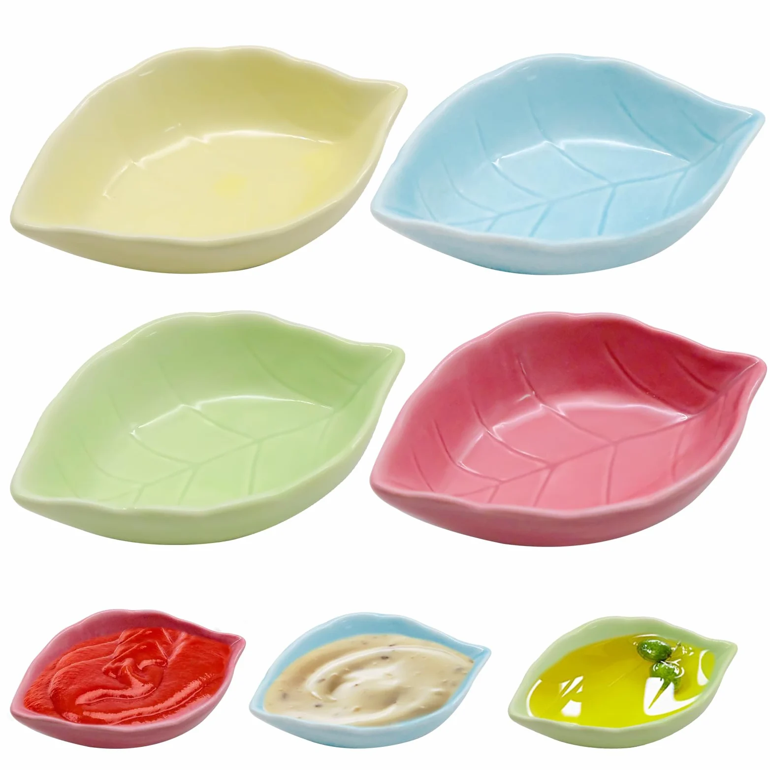 4 szt. ceramiczne miseczki do dipów w kształcie liścia, 11x7,5 cm Mini miseczki w kształcie liścia ręcznie robione, miseczki do sosów, 4 kolory małe miseczki na przekąski, miseczki deserowe do sosu