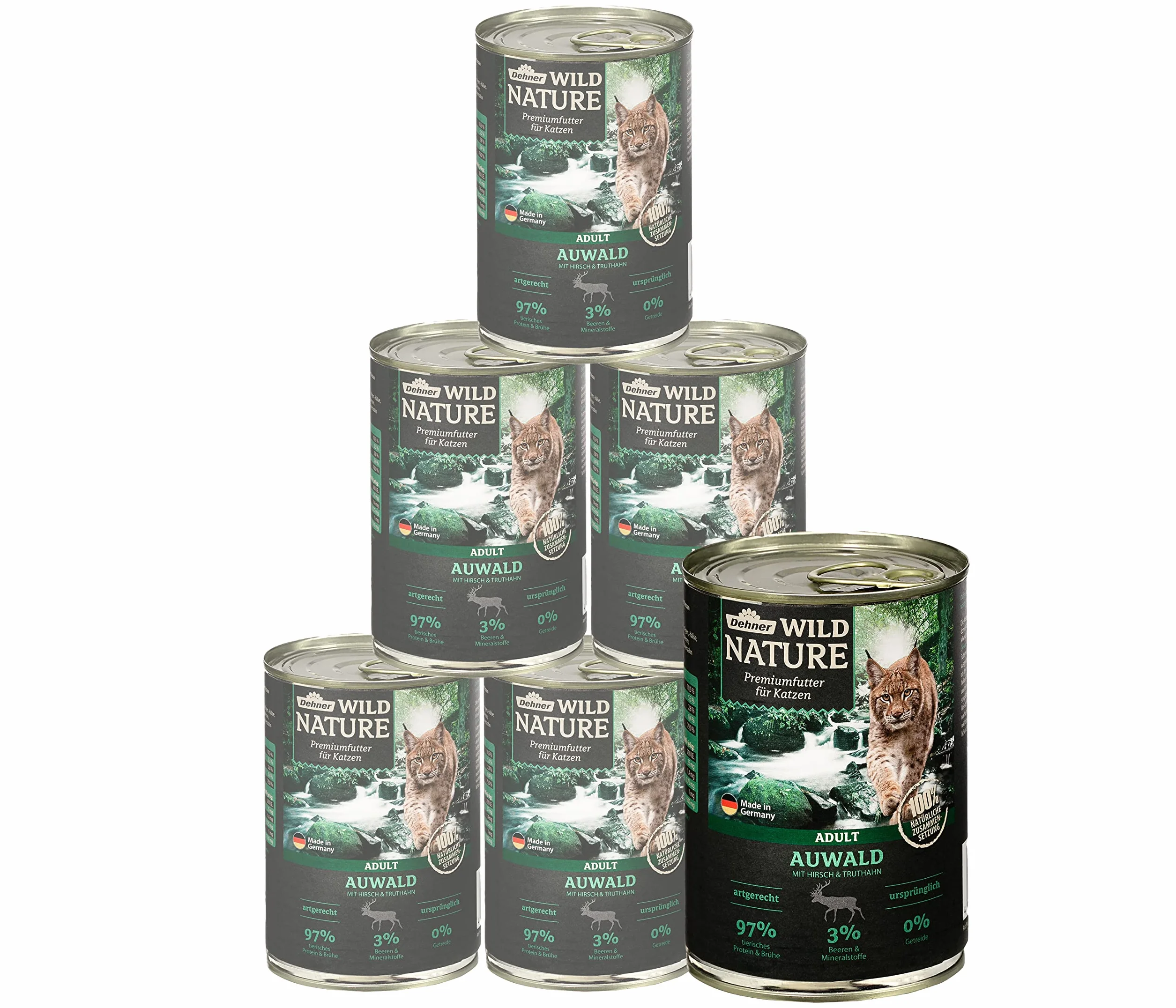 Dehner Wild Nature karma dla kotów Auwald, mokra karma bez zbóż, jeleni/indyka, puszka 6 x 400 g