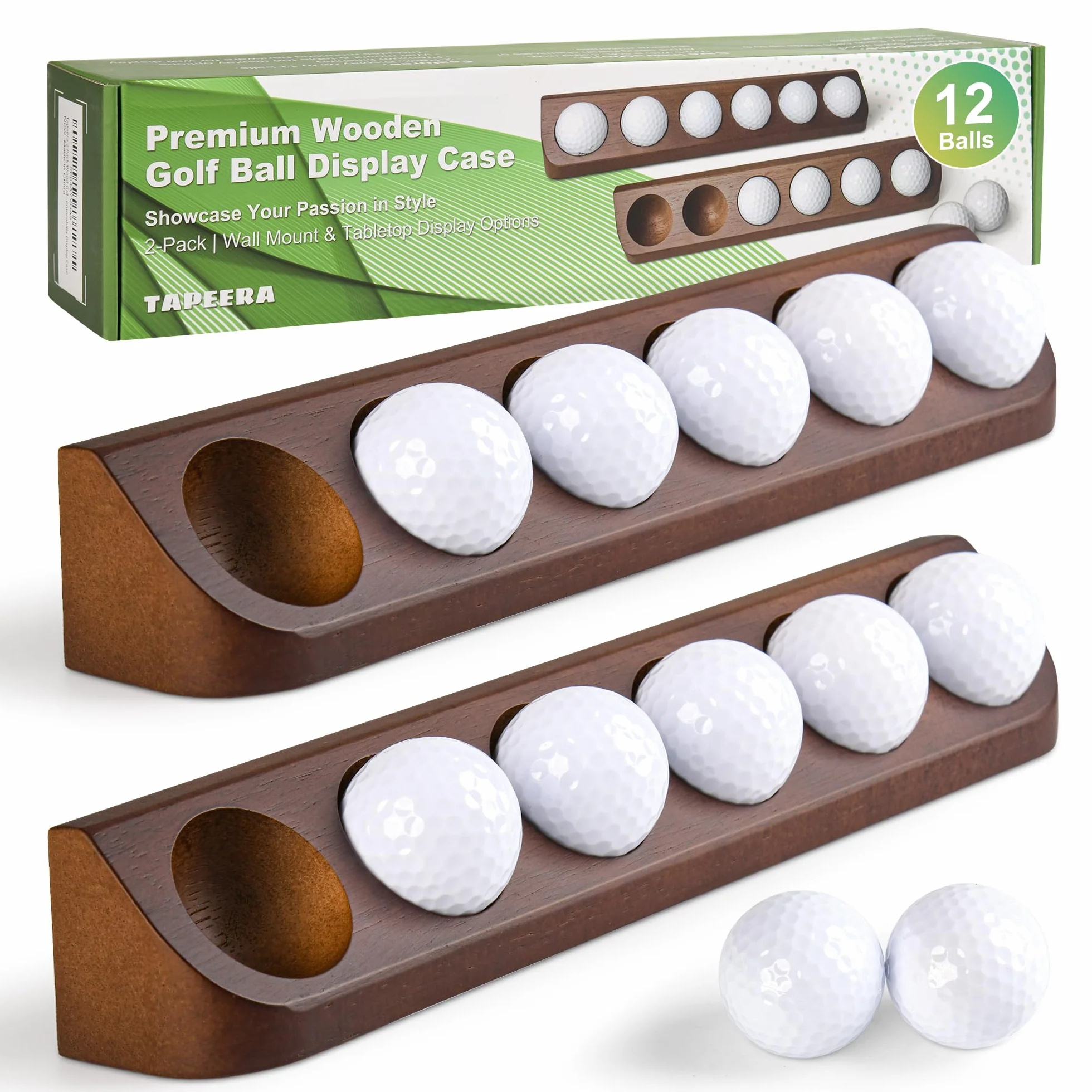 Tapeera 2-pak gablota na piłeczki golfowe - uchwyt ścienny - ekspozycja 12 standardowych piłek golfowych - brązowa drewniana obudowa - dekoracja stołu do biura golfowego - pamiątki sportowe prezent