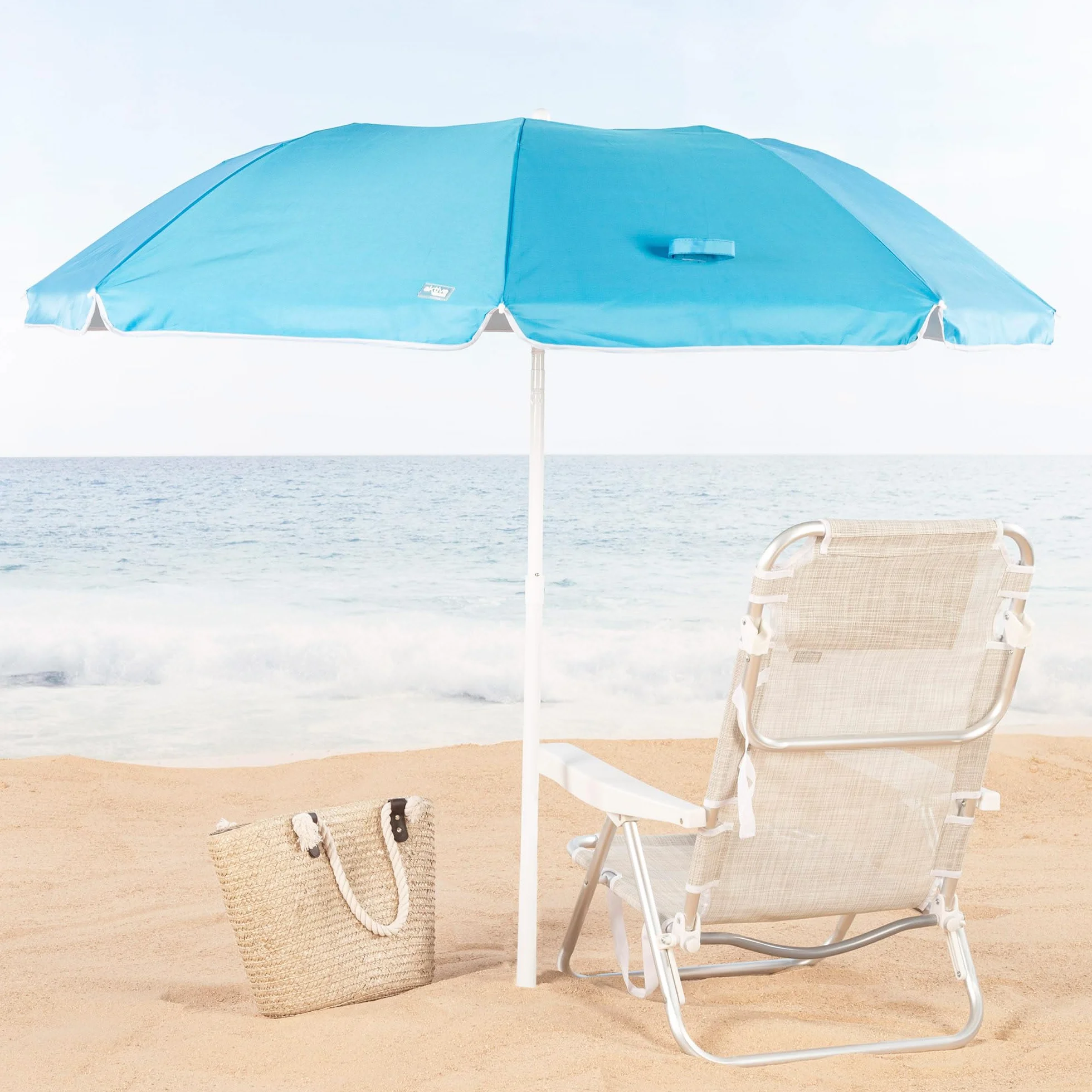 AKTIVE Parasol plażowy, 180 cm, kompaktowy, składany, ochrona UV50, regulowany bezstopniowo, regulowany i regulowany, stalowy maszt, posrebrzany, 8 żeberek, pokrowiec z uchwytem (62323), Niebieski,