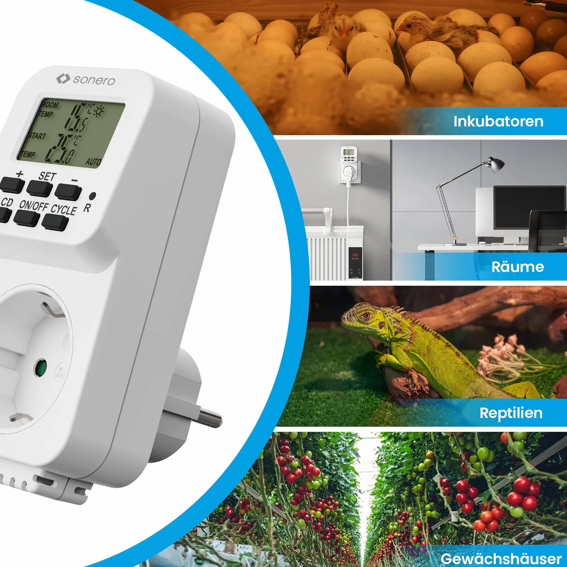 Sonero Cyfrowy termostat gniazdko, regulator temperatury, ogrzewanie, chłodzenie, sterowany czasowo z wewnętrznym czujnikiem, do terrarium, szklarni, pieca wędzarniczego, jako czujnik mrozu, 3600 W,
