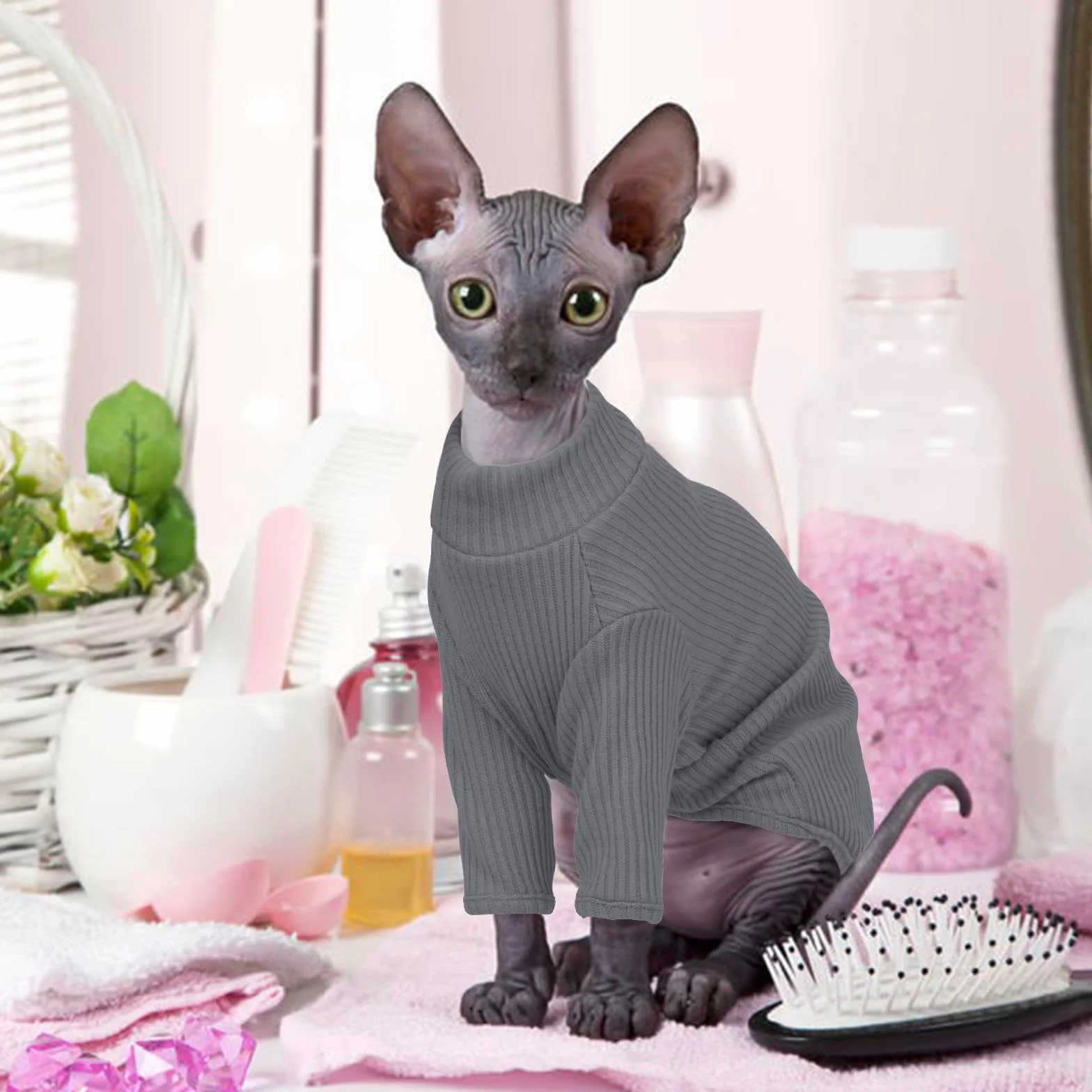 Gołębiarka bez sierści dla kotów Rollkragenpullover, oddychająca, urocza odzież dla kotów, swetrzyk Kątowniki z rękawami, piżama dla kotów Jumpsuit dla Sphynx, Cornish Rex, Devon Rex, Peterbalg