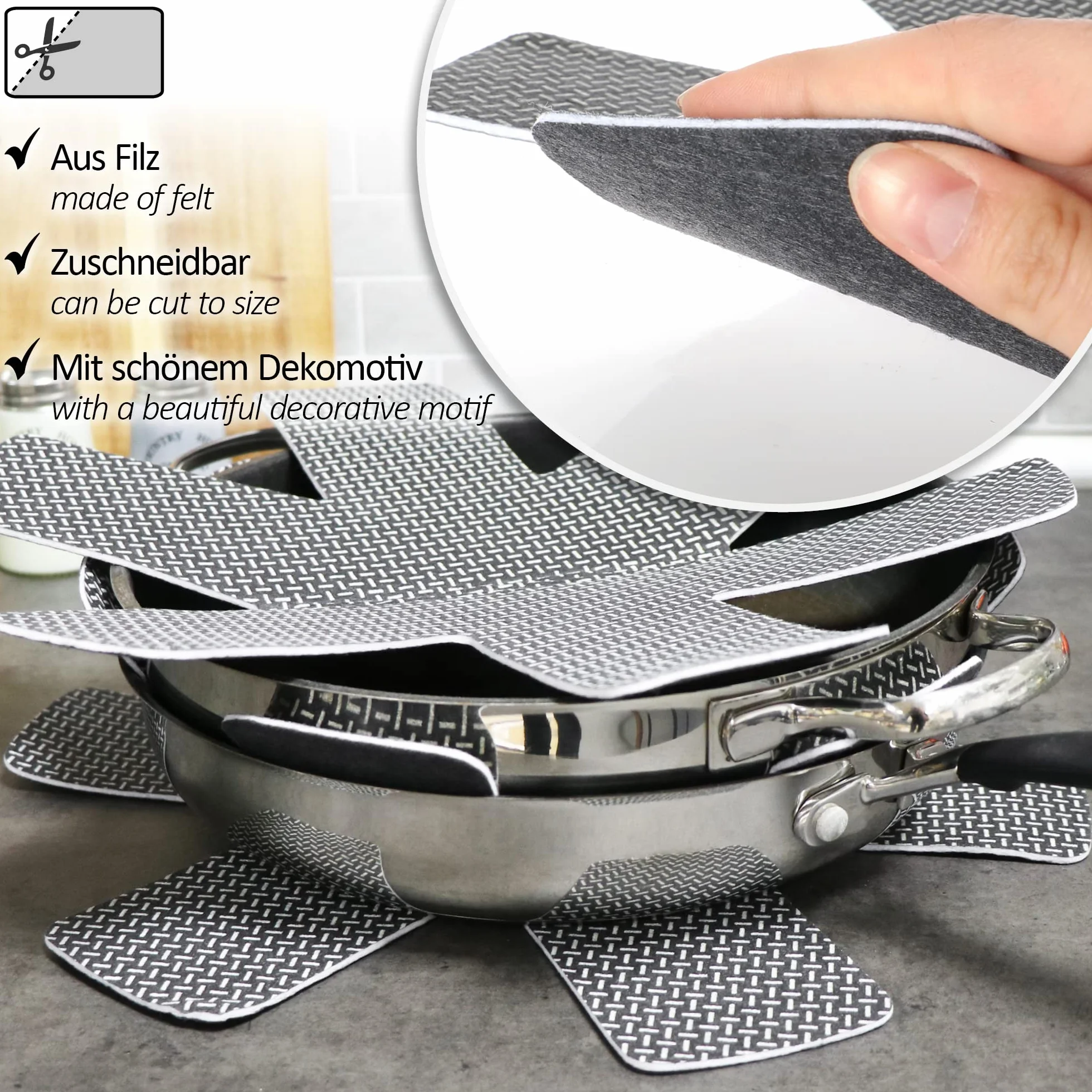 COM-FOUR® 6x oslony na patelnie Ø 38 cm wykonane z filcu - Odporne na cieplo, oslony na patelnie chroniace przed zarysowaniami - Mata ochronna na patelnie (06 sztuk - szary premium)