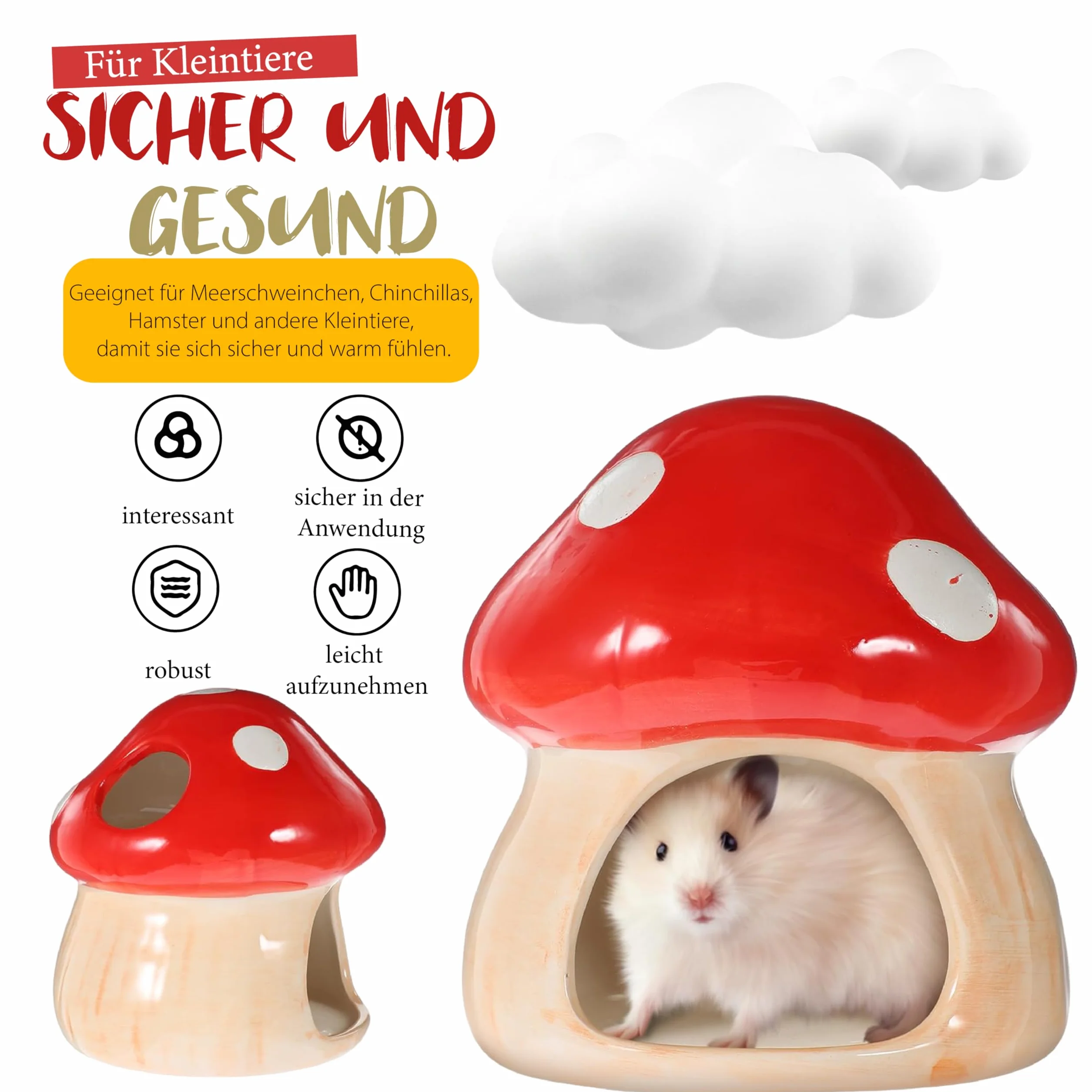 Ceramiczny domek dla chomików w kształcie grzyba, mały, dla myszy i szynszyli