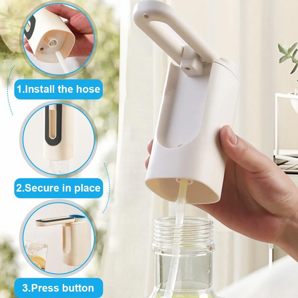 Pompa do butelek na wodę, automatyczny dozownik butelek do picia, składany wylot wody, 3 tryby, ładowanie USB, z wężem silikonowym 50 cm, pasuje do dzbanka na wodę 5-18 l