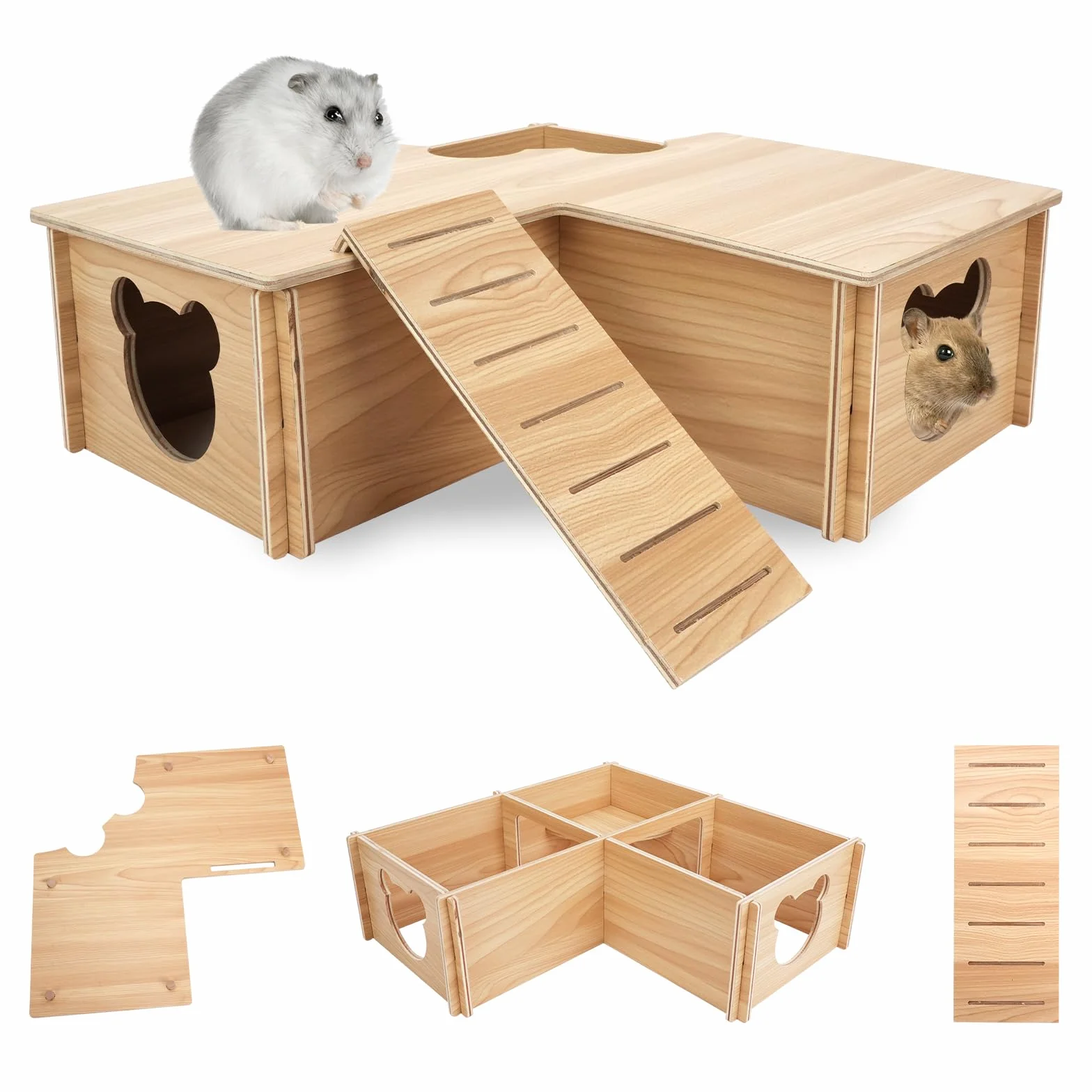 Domek dla chomików drewniana kryjówka wielokomorowa z drabinką 3 pokoje 33 cm