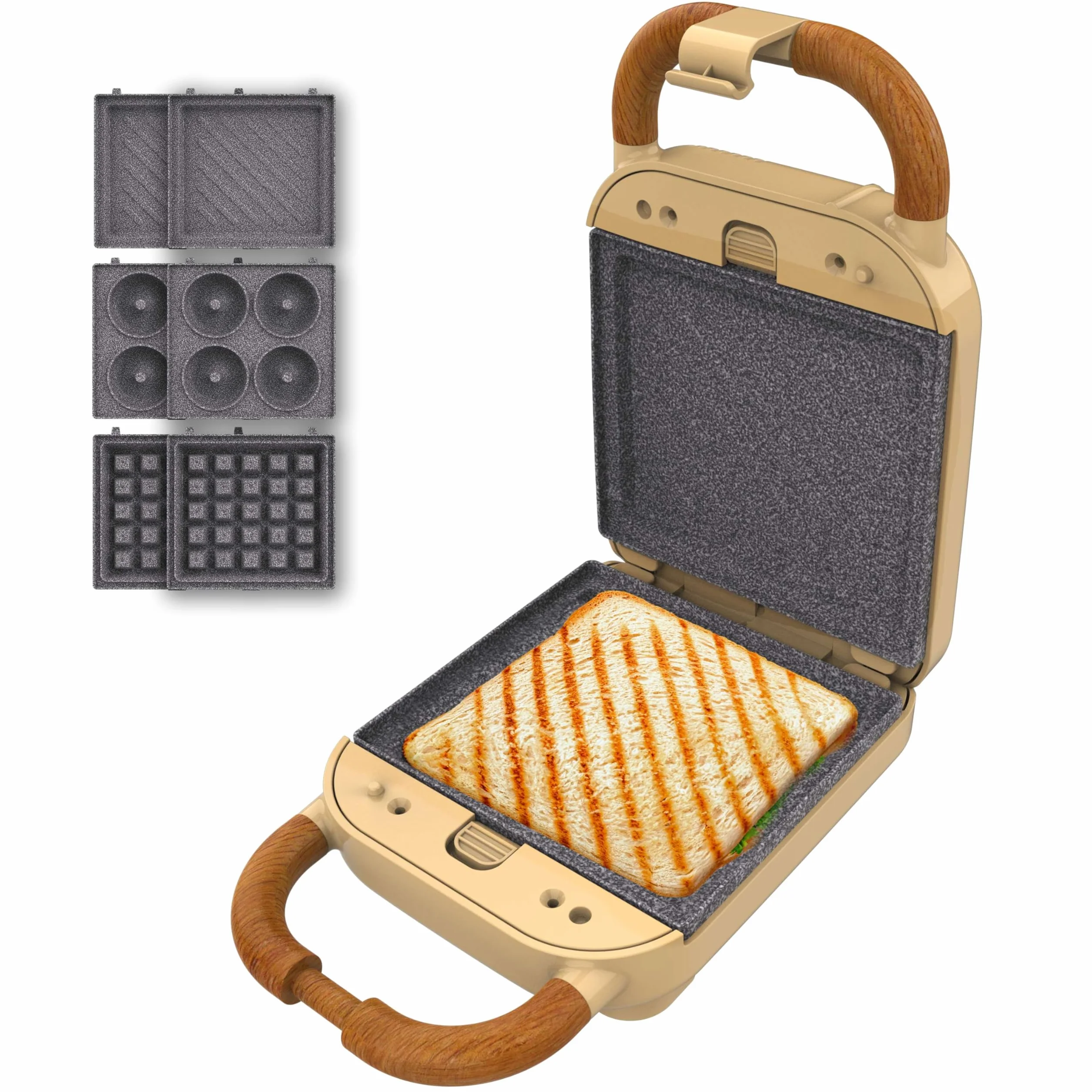 Cecotec Vintage Rock'Ntoast Retro One żółty kanapek, 700 W, 3 wymienne płyty, konstrukcja retro, powłoka Rockstone, wskaźnik świetlny, antypoślizgowy spód, uchwyt zimny dotyk, zamknięcie zaciskowe