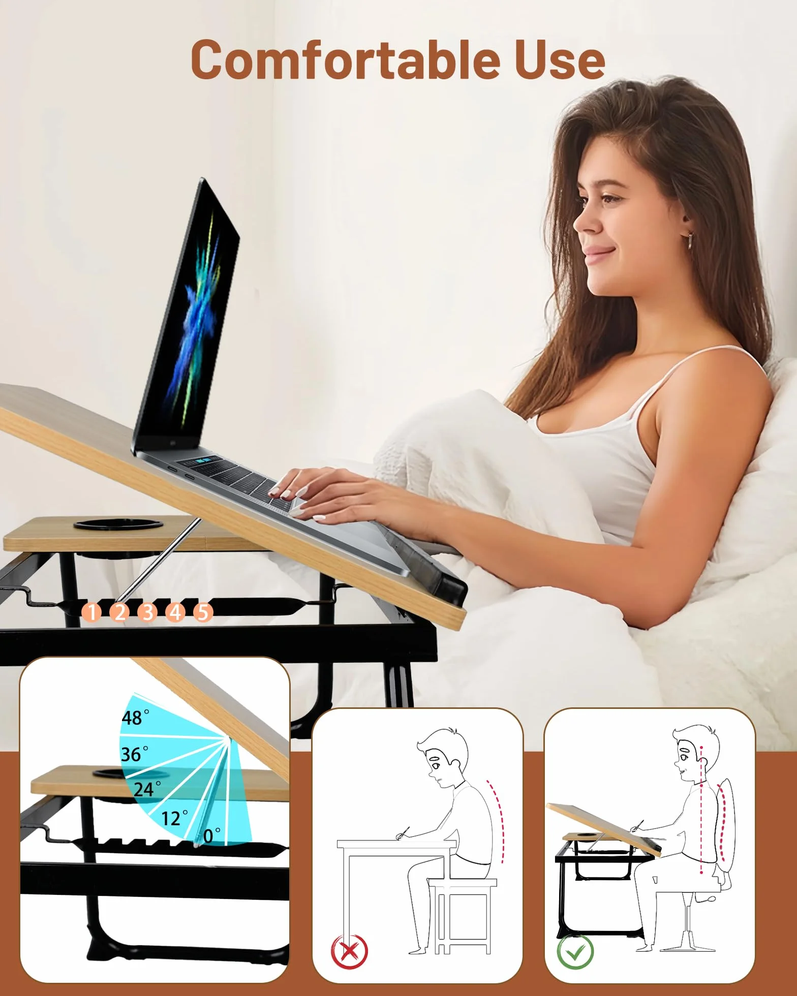 Stół Kość słoniowa Śniadanie Składany Stół Łóżko Regulowany i Przenośny dla Laptopa PC Uchwyt Notebook Tablet 60x40x28cm (Kość słoniowa)