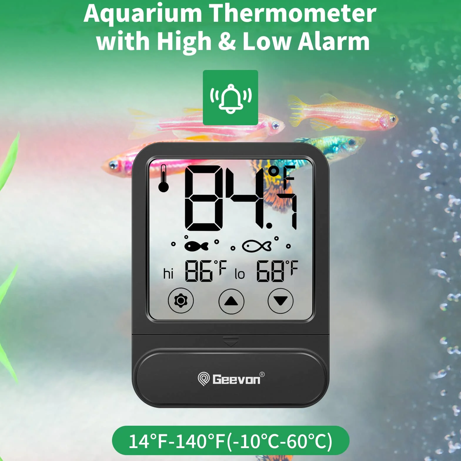 Geevon Cyfrowy termometr do akwarium z alarmem temperatury, duży ekran LCD, przyklejany miernik