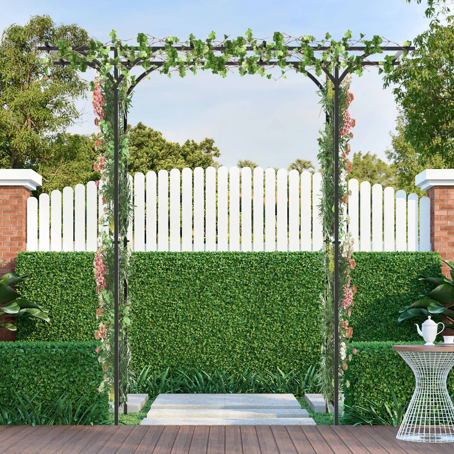 GOPLUS Łuk do róż z metalu, 200 x 52 x 206 cm, łuk ogrodowy z kratkami i rozszerzonym dachem, pergola, pomoc dla roślin pnących, łuk weselny do ogrodu, na wesele i imprezę