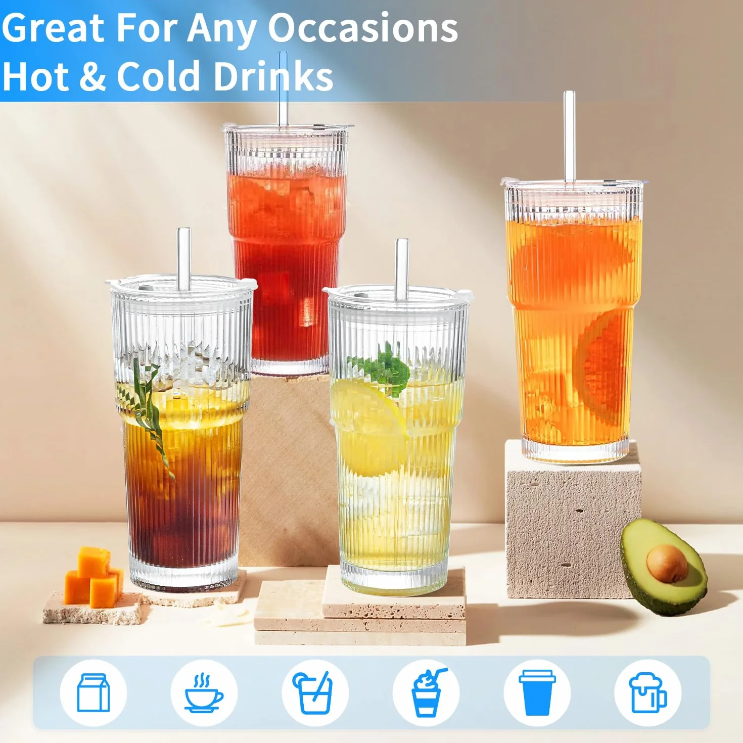 Szklane kubki o pojemności 600 ml, z pokrywką i słomką, szkło matcha, szklanki do kawy do mrożonej kawy, kubki do smoothie, hermetyczne, wodoszczelne wzornictwo, kubek podróżny, kubek do kawy mrożonej