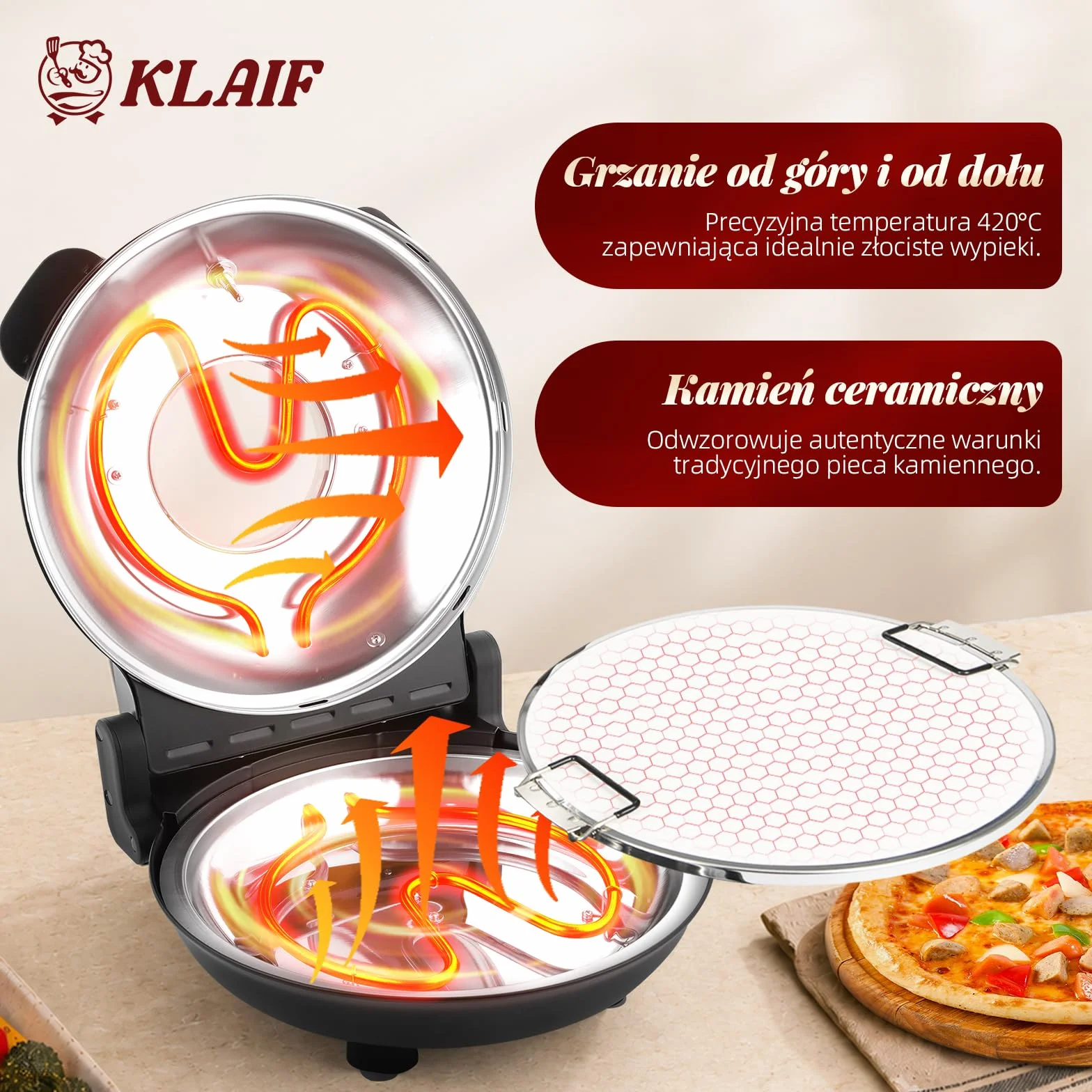 KLAIF Piec elektryczny do pizzy do blatu roboczego z kamieniem ceramicznym 31 cm, dwiema regulowanymi regulatorami temperatury, w zestawie 4 narzędzia do pizzy, LMR-czarny