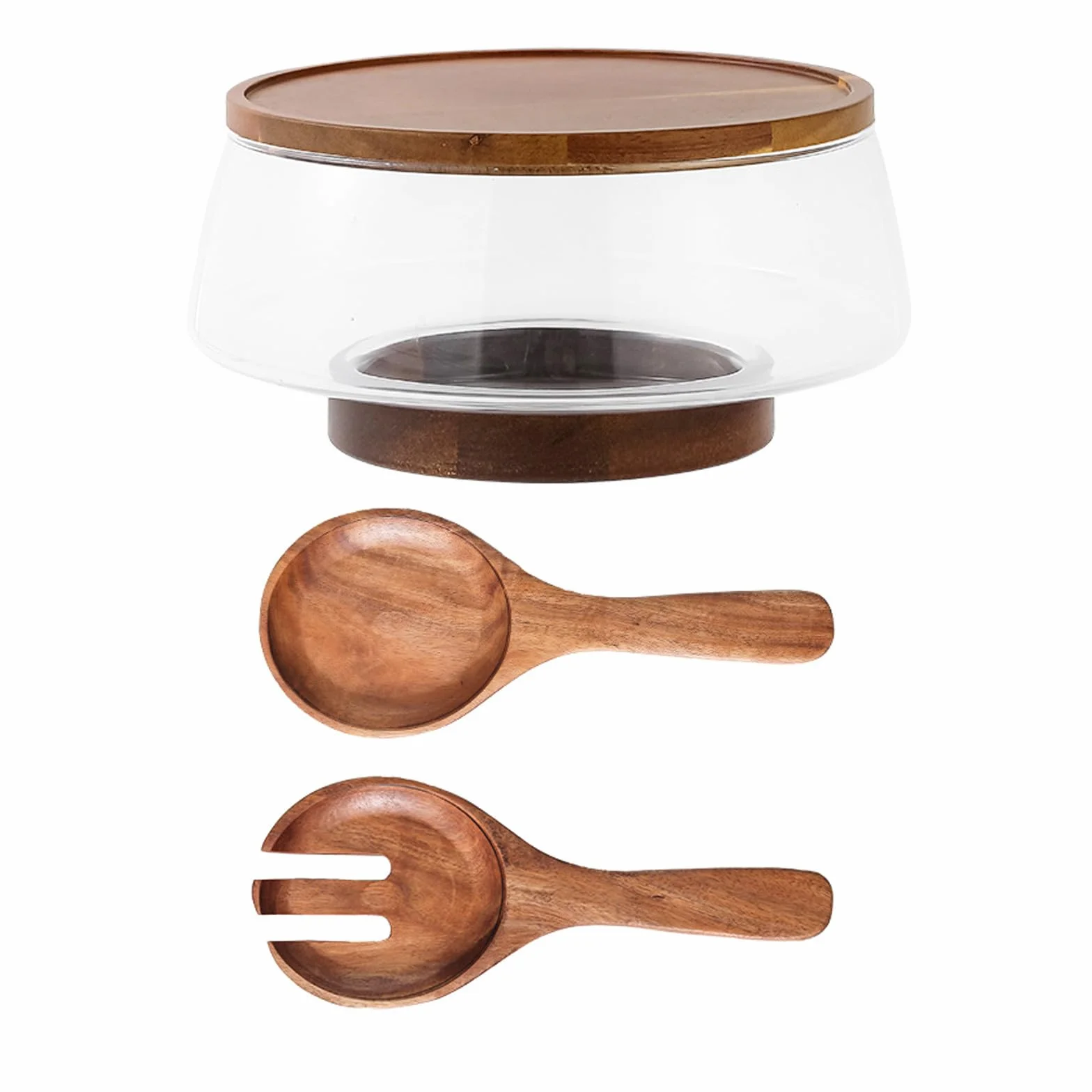 SHINEOFI 1 zestaw dużych szklanych misek do sałatki z drewnianą podstawą i serwerami do sałatek - 3,4 l/3,6 qt Elegancka miska do serwowania makaronu, owoców i przekąsek - Łatwa w czyszczeniu,