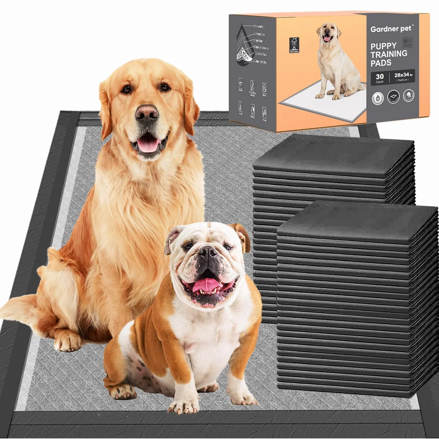 Gardner Pet Podkłady dla szczeniąt 70x85cm, Duże podkłady dla szczeniąt z węglem do kontroli zapachu, Super chłonne i 6-warstwowe podkładki treningowe z zabezpieczeniem przed wyciekaniem dla psów, 30