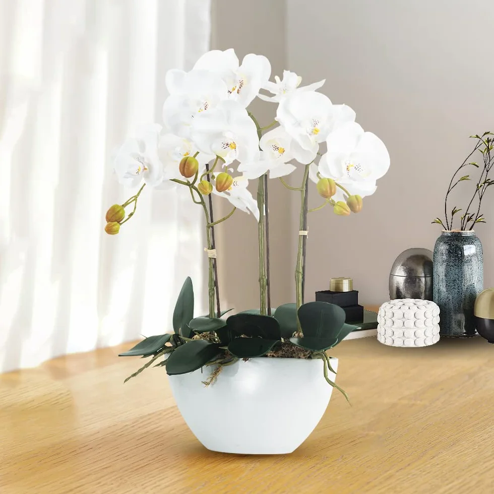 Ziwon Sztuczne kwiaty orchidei doniczkowe w ceramicznej doniczce, białe sztuczne storczyki Phalaenopsis na centralny element stołu, realistyczny sztuczny kwiat w wazonie do domu, biura, dekoracja