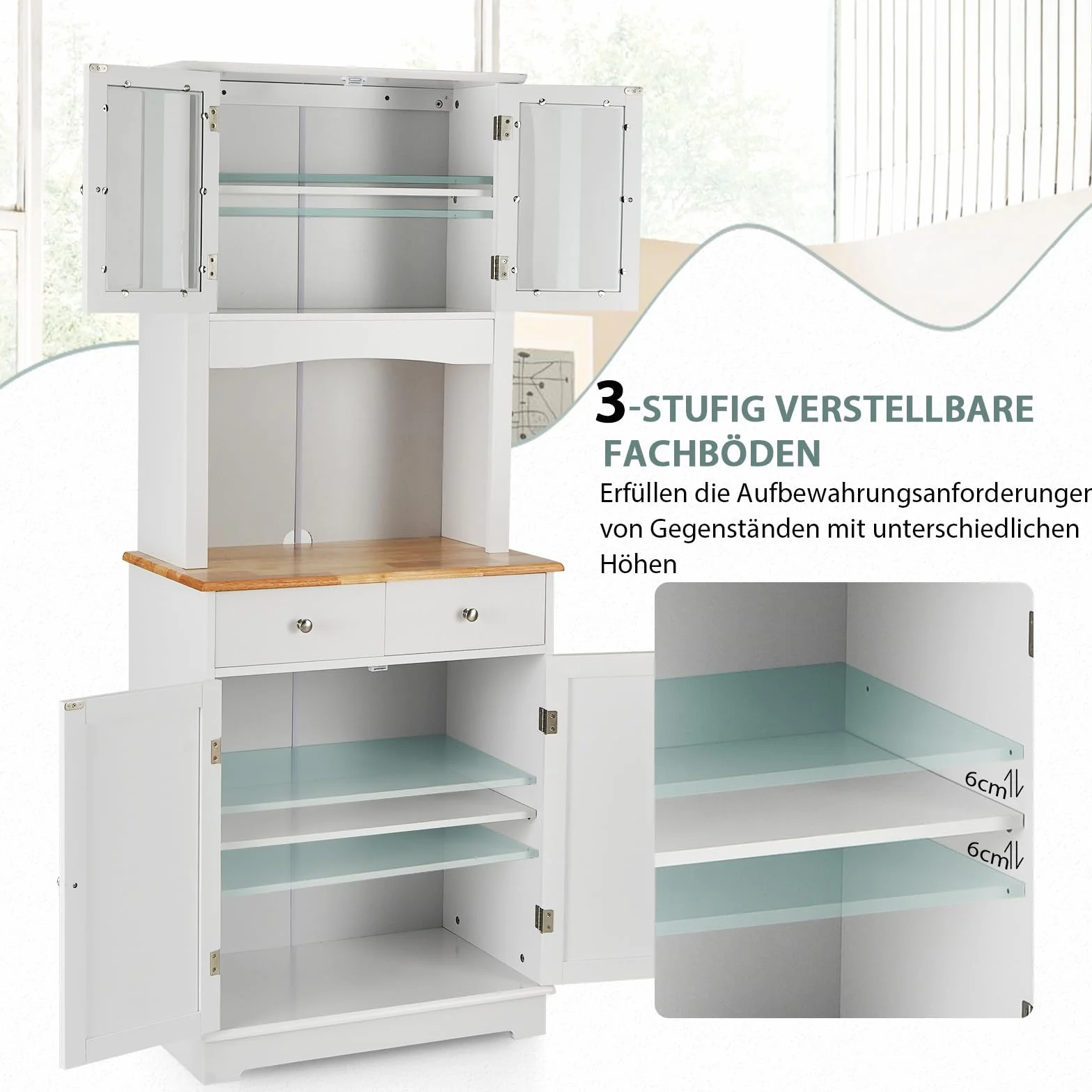 COSTWAY Szafka kuchenna, wysoka, 170 cm, drewniana szafka bufetowa, wysoka szafka z 2 szufladami i regulowanymi półkami, szklanymi drzwiami i otworem na kabel, wolnostojąca, bufet kuchenny, do jadalni