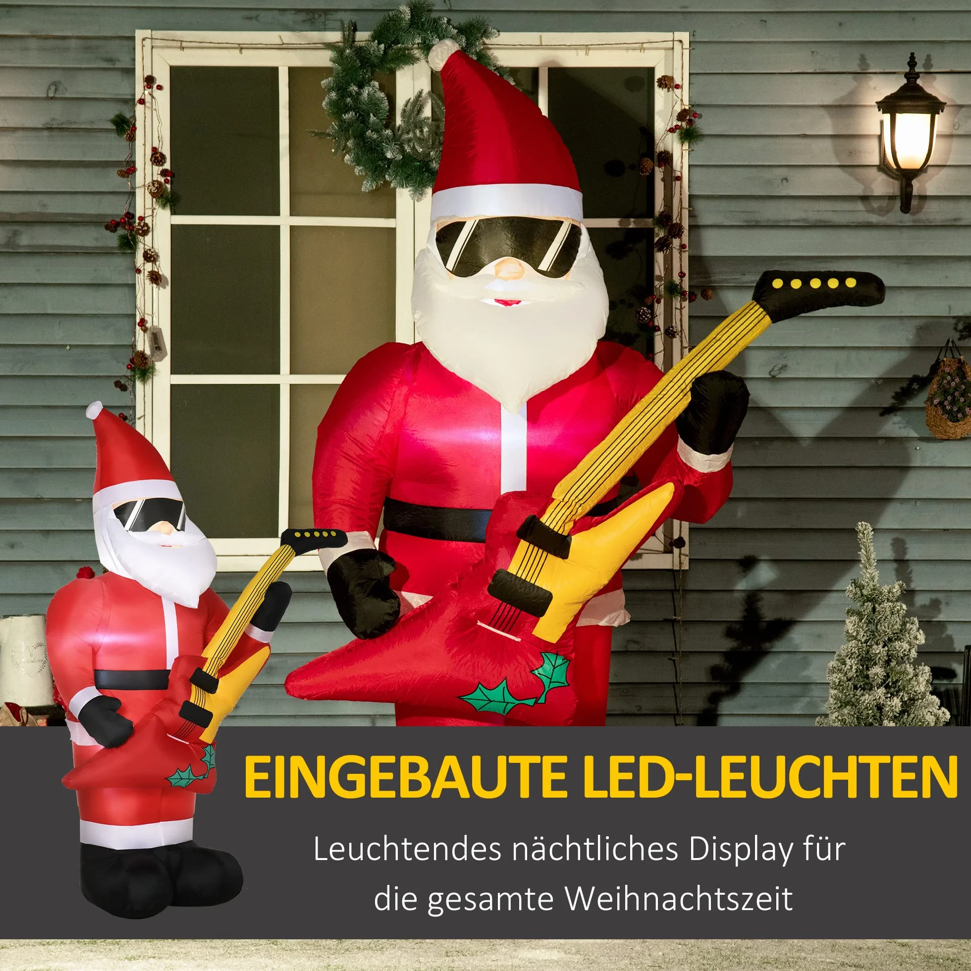 Outsunny 215 cm nadmuchiwany Święty Mikołaj z gitarą elektryczną nadmuchiwane lampki świąteczne LED samopompujące się dekoracje świąteczne wodoodporne do użytku wewnątrz i na zewnątrz