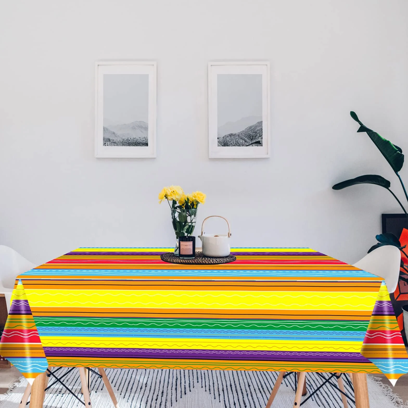 2 szt. meksykański obrus serape, 132 x 218 cm, duża meksykańska dekoracja stołu PE pikniki na zewnątrz obrusy do jadalni plastikowe kolorowe paski pokrowiec na stół Fiesta Taco dekoracja na Cinco de