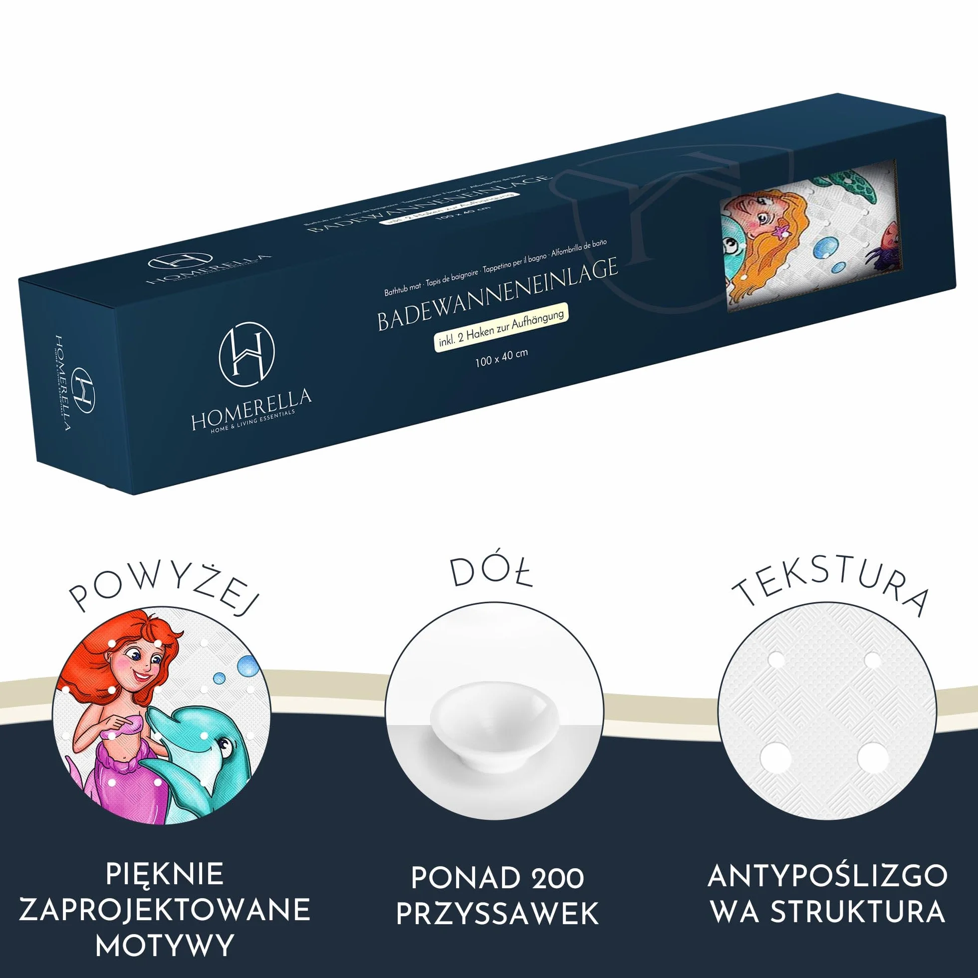 Homerella Mata do wanny dla dzieci, 100 x 40 cm, antybakteryjna, bardzo wygodna, w zestawie z zawieszeniem, antypoślizgowa mata prysznicowa dla dzieci i niemowląt. (Syrene)