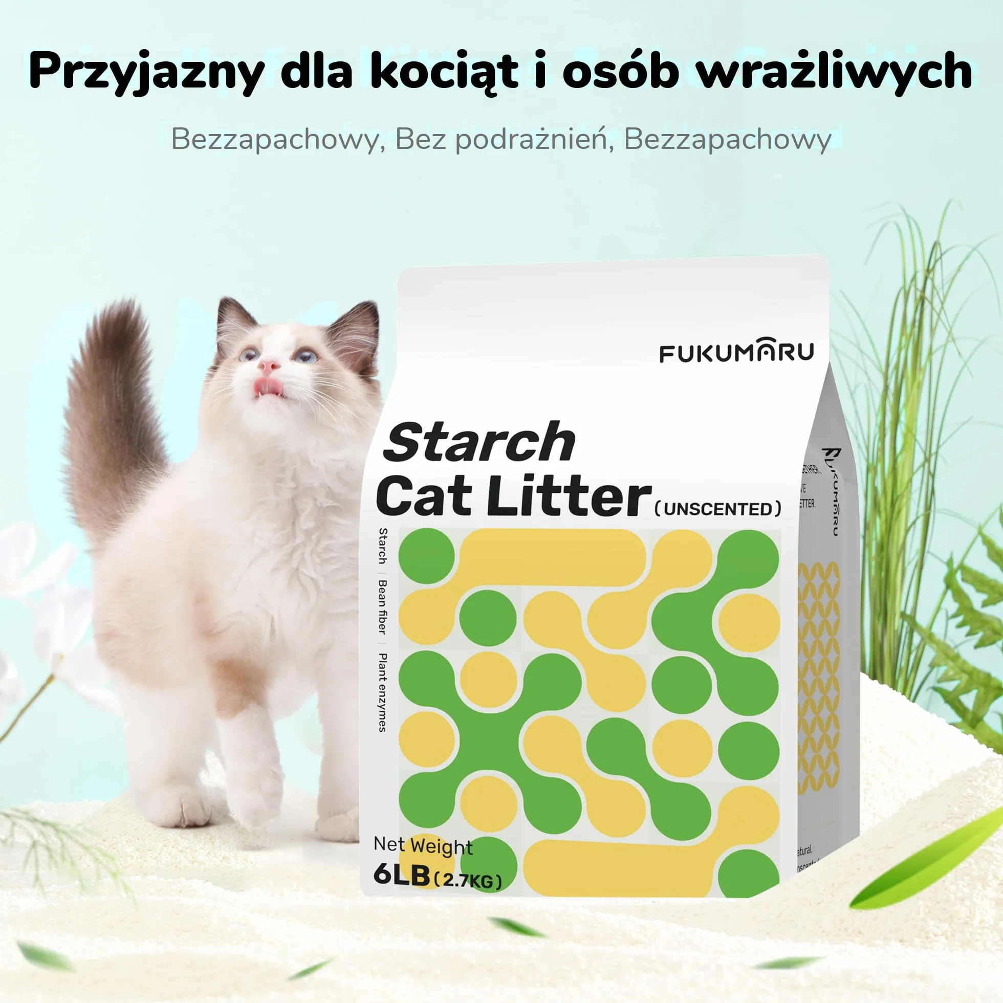 FUKUMARU Cassava Cat Litter, zbrylający się żwirek dla kota, naturalny, bezzapachowy, 6lb x 4bags