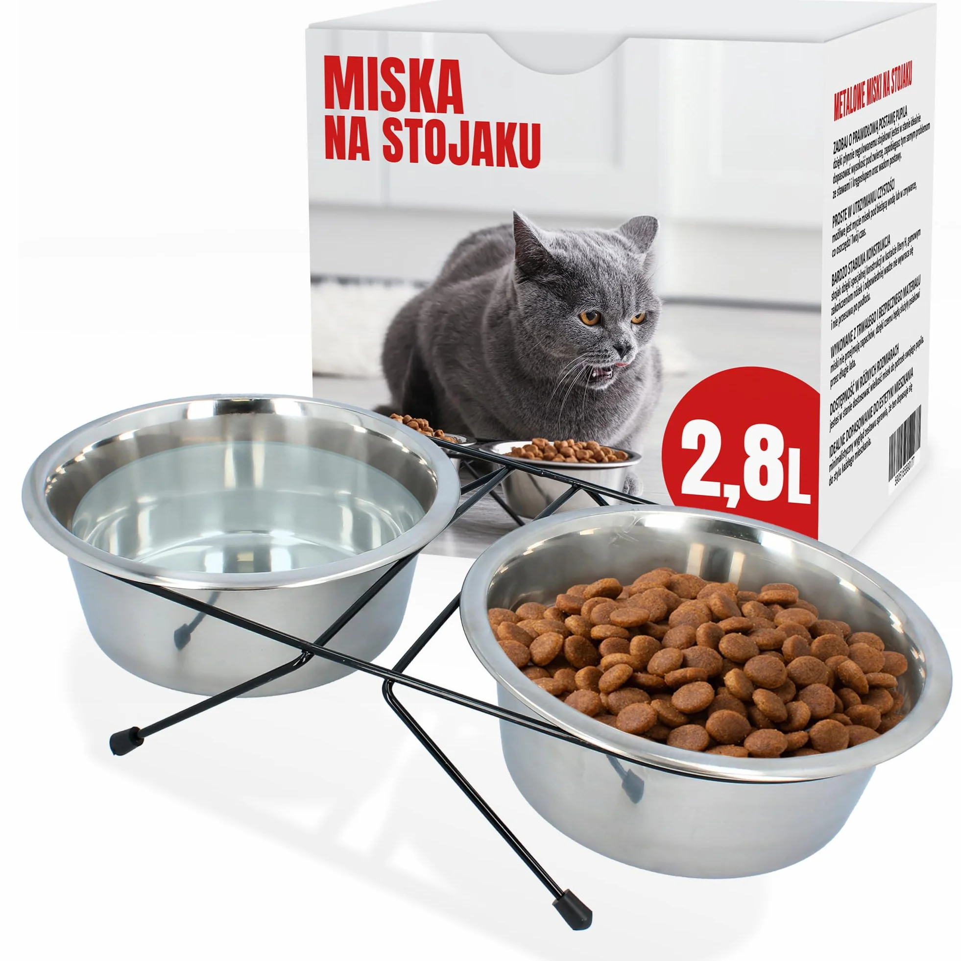 Podwójna Stalowa Nierdzewna Miska dla Psa Kota 2x 2,8 l Stojak Podwyższenie Srebrne