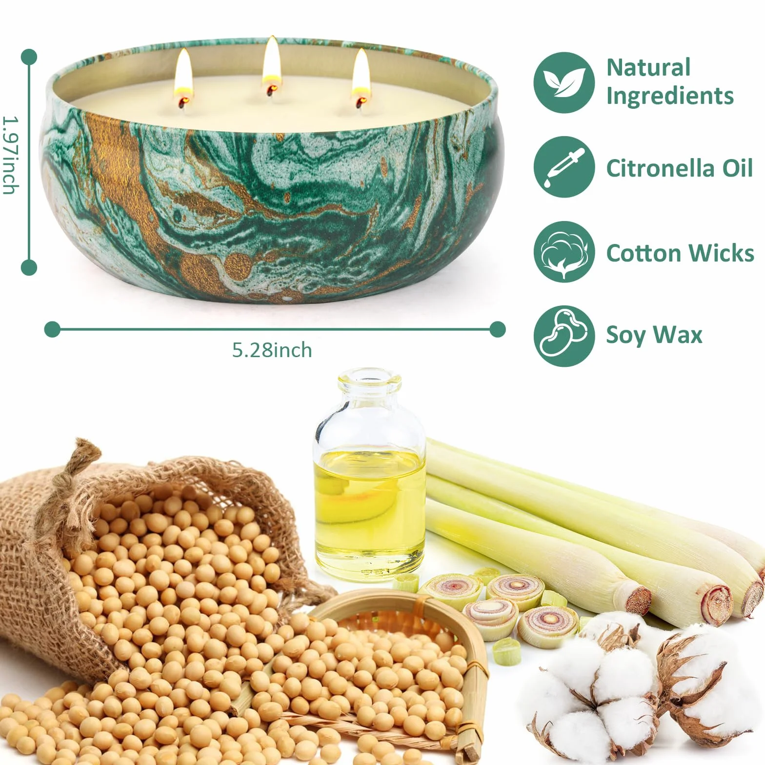 Citronella świece outdoorowe duże – 3 x 14 oz 3-knot świeca kempingowa pali się do 270 godzin, naturalny wosk sojowy, świeczka Lemograss do użytku na zewnątrz, do ogrodu, na balkon, taras, lato