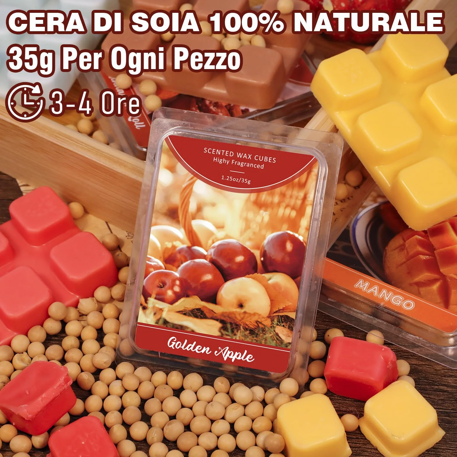 SCENTORINI Wosk zapachowy do lampy zapachowej, 12 sztuk, kostki wosku sojowego, wosk sojowy, zapach do pomieszczeń, ogrzewacz do świec, złote jabłko, bułka cynamonowa, truskawka, zapach mango, zestaw